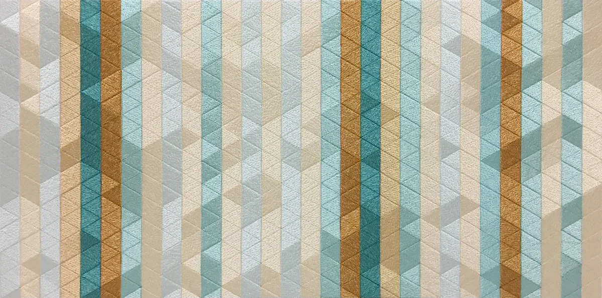 Aaron Fein Polaris Combining Boullée’s design spirit with the curatorial inclinations of MONA’s Pharos wing, my proposal for the 2018 Tapestry Design Prize for Architects utilizes the medium of light to transport viewers into an abstract and unconstructable architectural environment. As an architect working exclusively in textiles, I have, over a number of years, developed and applied digital/machine embroidery techniques to dynamic spatial effect. Through the precise directional stitching of high sheen threads, I subtly manipulate stitch angles to reflect light at different intensities, so that the play of light over surface continuously changes relative to a viewer’s motion. The geometric structure of my proposed design is a mosaic of tessellated triangles, each rendered in one of six colors, and hatched at one of three different angles (0°, 45°, or 135°). While the colors highlight and organize a graphic pattern of vertical bands that reinforce the flatness of the picture plane; the light-reflective hatching creates the illusion of an isometric topology that subtly transforms as one moves in relation to the piece. Subsequently it is up to the viewer, who is placed squarely at the nexus between these two conflicting modes, to try to reconcile the tension between the work’s two and three-dimensionality. If fibers that reflect, rather than absorb light, could be woven at oblique angles, I am confident that the effects of my design could be translated into the medium of tapestry. If so, and the committee selects my work, I envision a mutually beneficial collaboration that would advance both the vocabulary of architecture tapestry as well as my own work using fiber to communicate architectural experience. note: The 2:1 proportion of the design is intended to measure 7m wide by 3.5m high (dimensions are variable and could be redesigned to accommodate different proportions or overall dimensions).