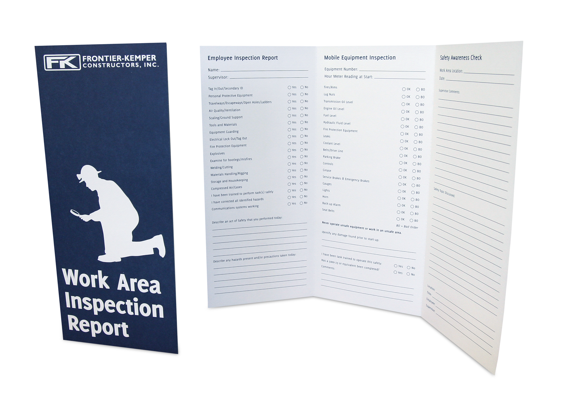  Work Area Inspection Report designed for jobsite employees of Frontier-Kemper Constructors, Inc. 