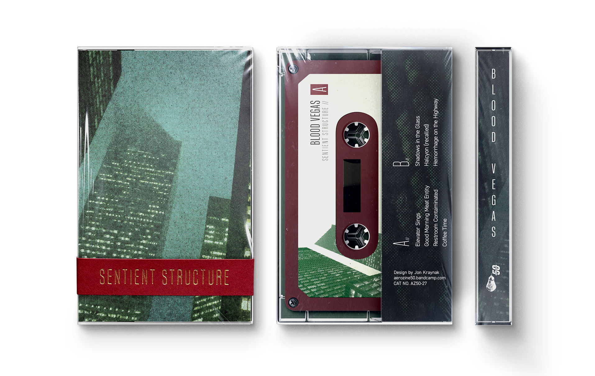  Cassette design for Blood Vegas’s debut release Sentient Structure, featuring a foil stamped bellyband.  