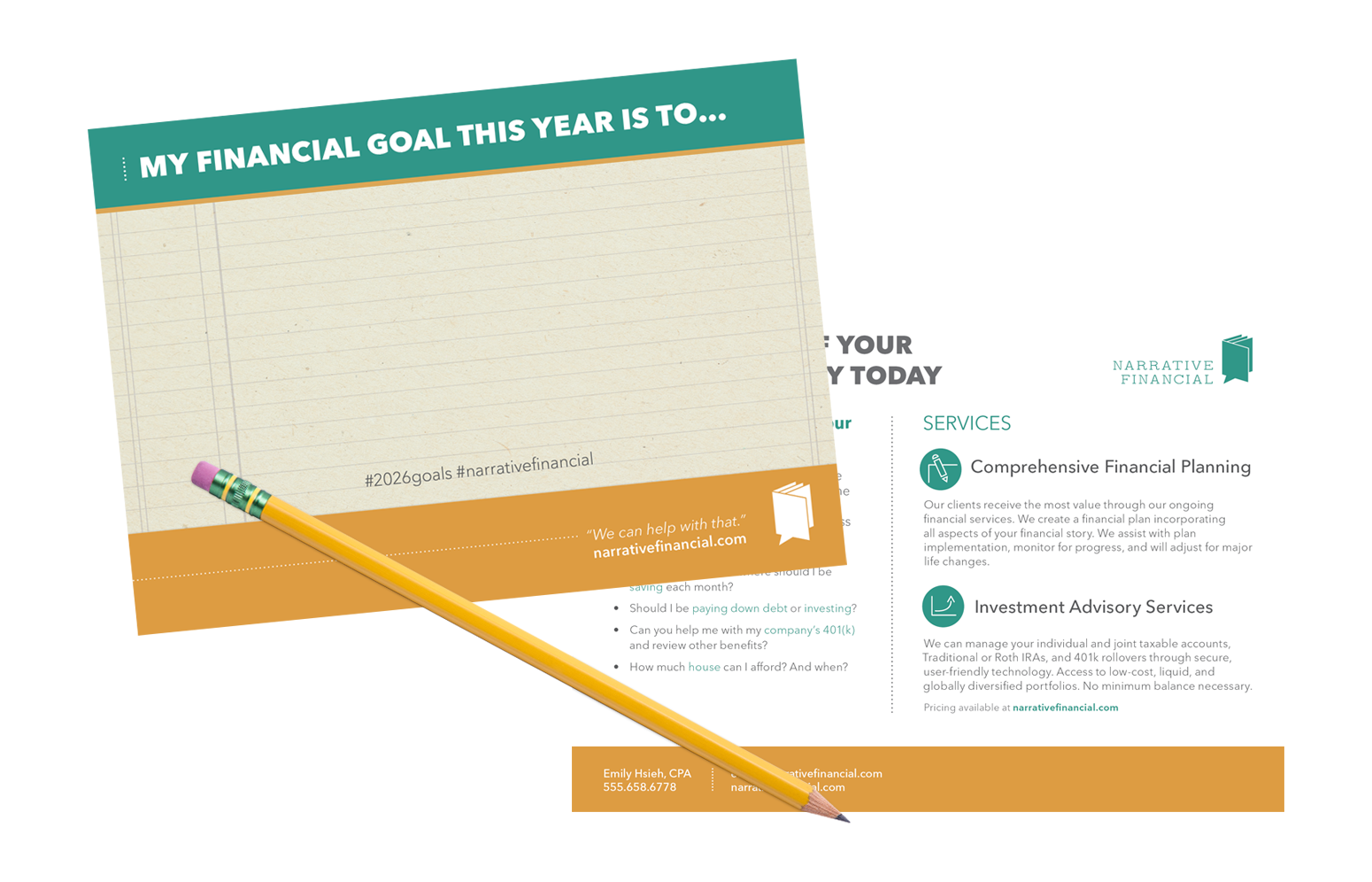 Promotional postcard for Narrative Financial, a financial advisor based out of Dallas, Texas 