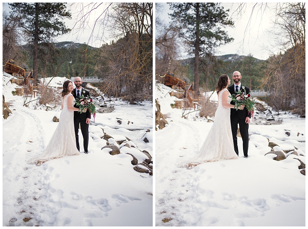 Bride and Groom portraits along river, Winter wedding in Boulder, Maroon and Navy wedding, Boulder Creek, Wedgewood on Boulder Creek, Rocky mountain adventure elopement, colorado wedding photographer, denver wedding photography, denver elopement photographer, colorado elopement photographer, Rocky Mountain Adventure Elopements, looks like film colorado, best wedding photographer colorado, best wedding photographer denver, downtown denver wedding, downtown wedding photographer, colorado photographer, denver photographer, rocky mountains, colorado wedding, denver wedding, couples portraits wedding, colorful wedding, love couples wedding photos, romantic wedding photos, fine art denver photographer, fine art colorado photographer,