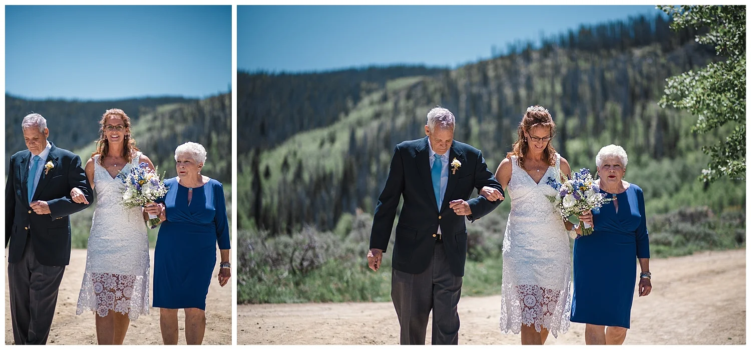 Bride and parents walking down the aisle at YMCA Snow Mountain Wedding, Rocky Mountain Wedding Photographer, Colorado Wedding Photographer, Colorado Elopement Photographer, Denver Wedding Photographer