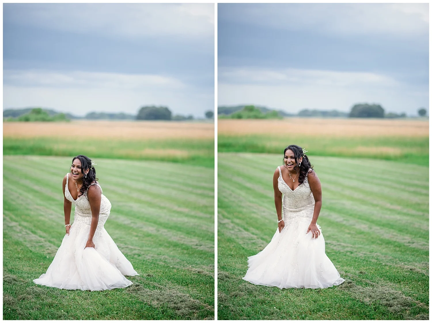 wisconsin bride, open field, summer wedding, white lace strapless wedding dress, diamond necklace, diamond earrings, diamond bracelet, badger farms wedding