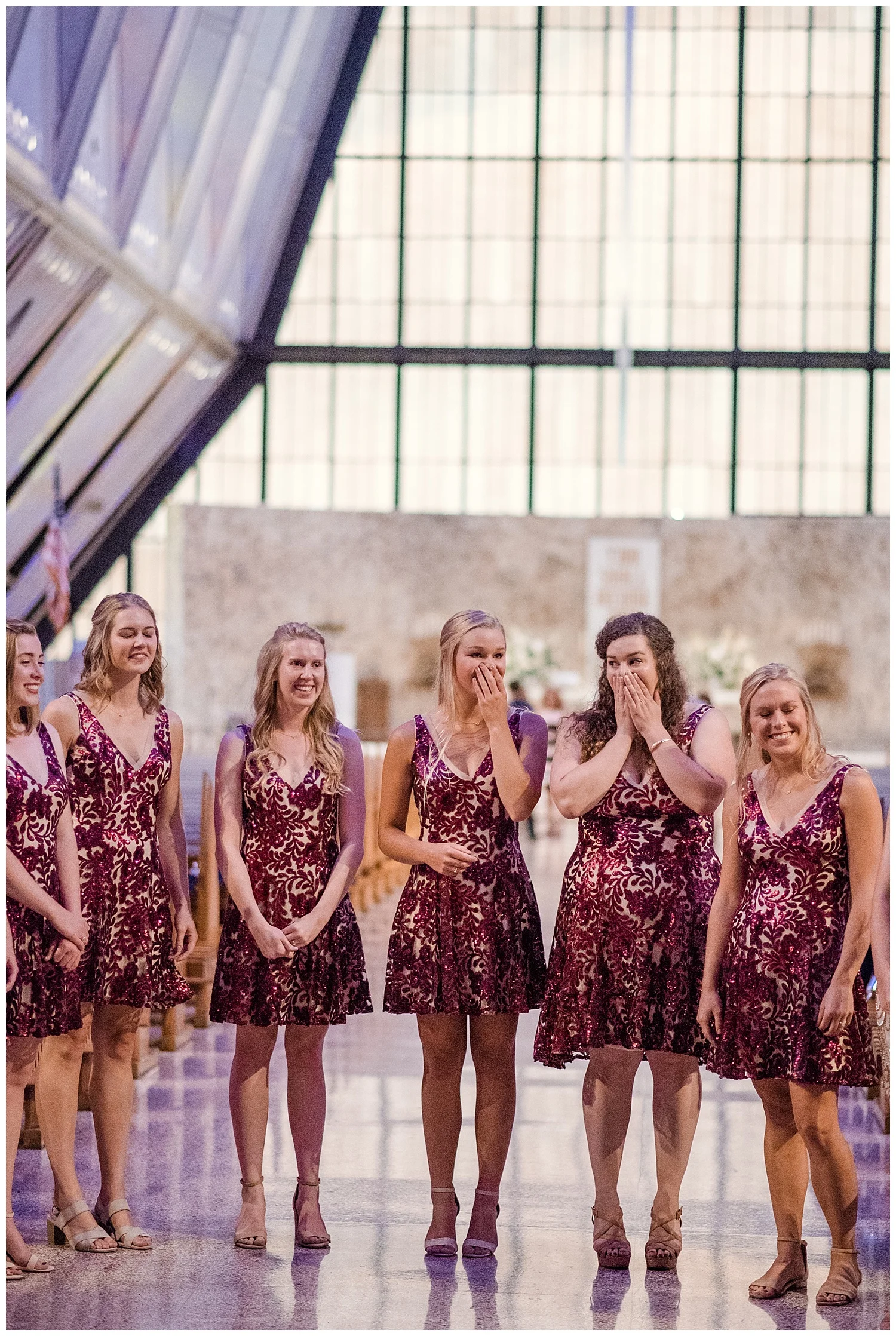 USAFA Chapel Wedding, Cadet Chapel Wedding, Colorado Springs Wedding Ceremony, Empty Chapel before Wedding, Stained Glass Chapel, Bride and her bridesmaids, Colorado Bride, Tulle Wedding Dress, Sparkly Bridesmaids Dresses, First Look, Colorado Wedding Photographer, Denver Wedding Photographer, Denver Elopement Photographer, Colorado Elopement Photographer, Rocky Mountain Elopement Adventure Photographer, Downtown Denver Wedding Photographer