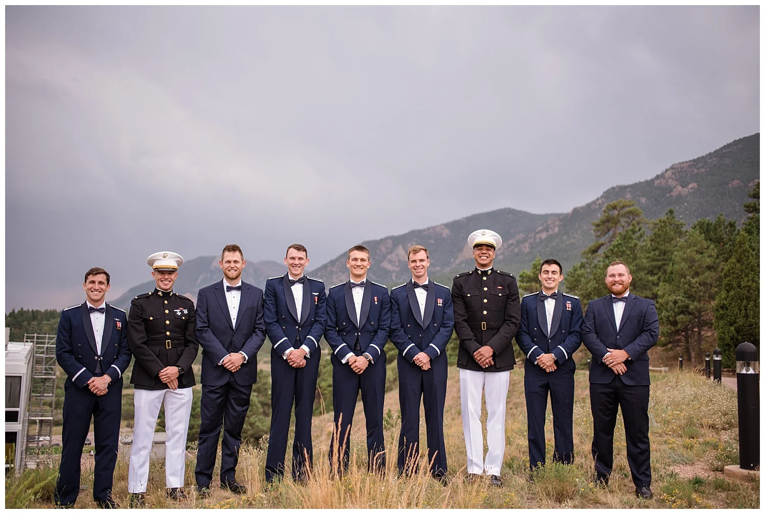 Military Wedding, Military Groomsmen, Navy, Army, Air force, Groomsmen in Dress blues, Dress blues, Colorado Wedding Photographer, Denver Wedding Photographer, Denver Elopement Photographer, Colorado Elopement Photographer, Rocky Mountain Wedding Photographer, Downtown Denver Photographer