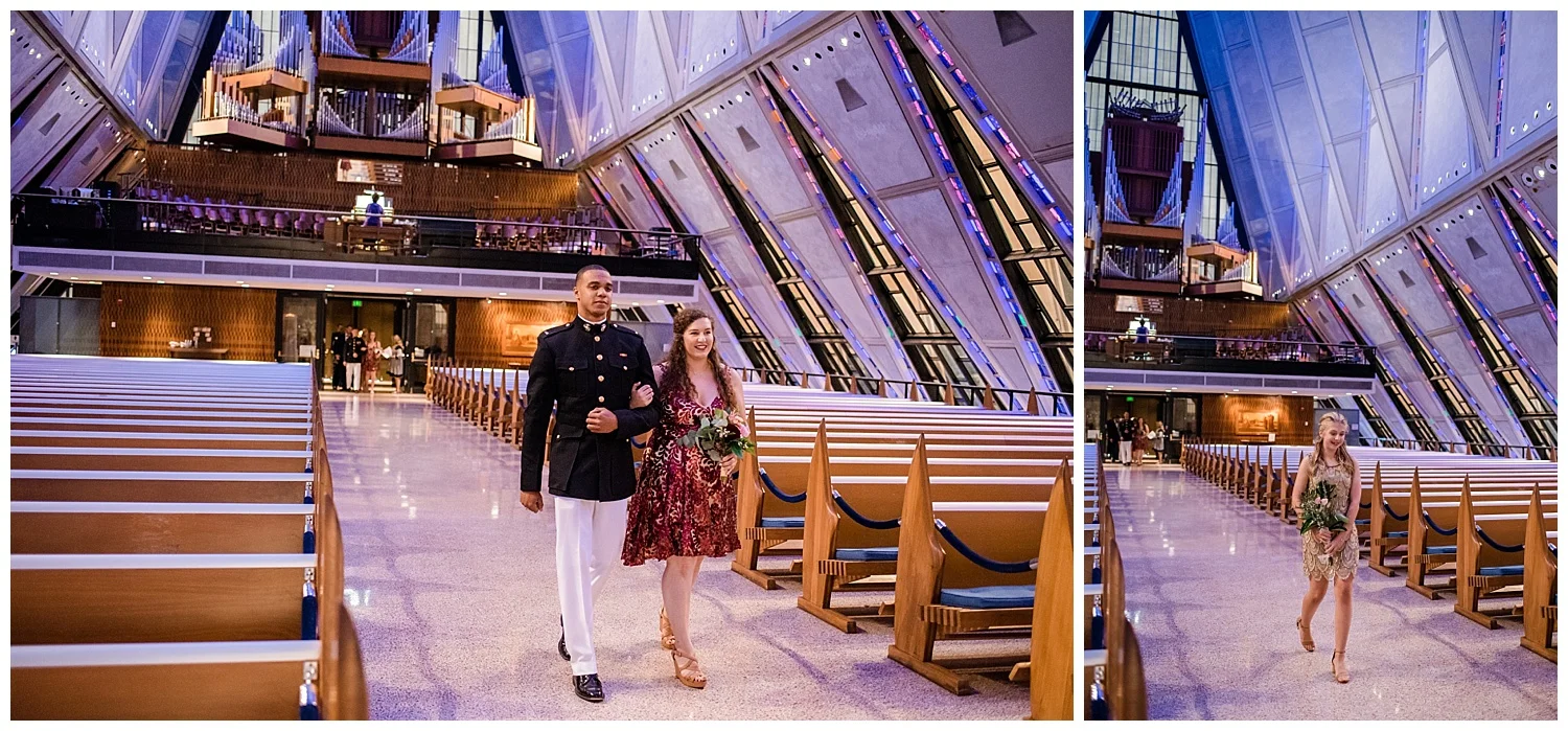 Military Wedding, Cadet Chapel Wedding, Wedding Ceremony walking down the aisle, groomsman and bridemaid walking down the aisle , Colorado Wedding Photographer, Denver Wedding Photographer, Colorado Fine Art Wedding Photographer, Denver Elopement Photographer, Colorado Elopement Photographer, Rocky Mountain Wedding, Rocky Mountain Wedding Photographer, Rocky Mountain Adventure Elopement Photographer, Rocky mountain adventure elopement, best wedding photographer colorado, best wedding photographer denver, downtown denver wedding, downtown wedding photographer,
