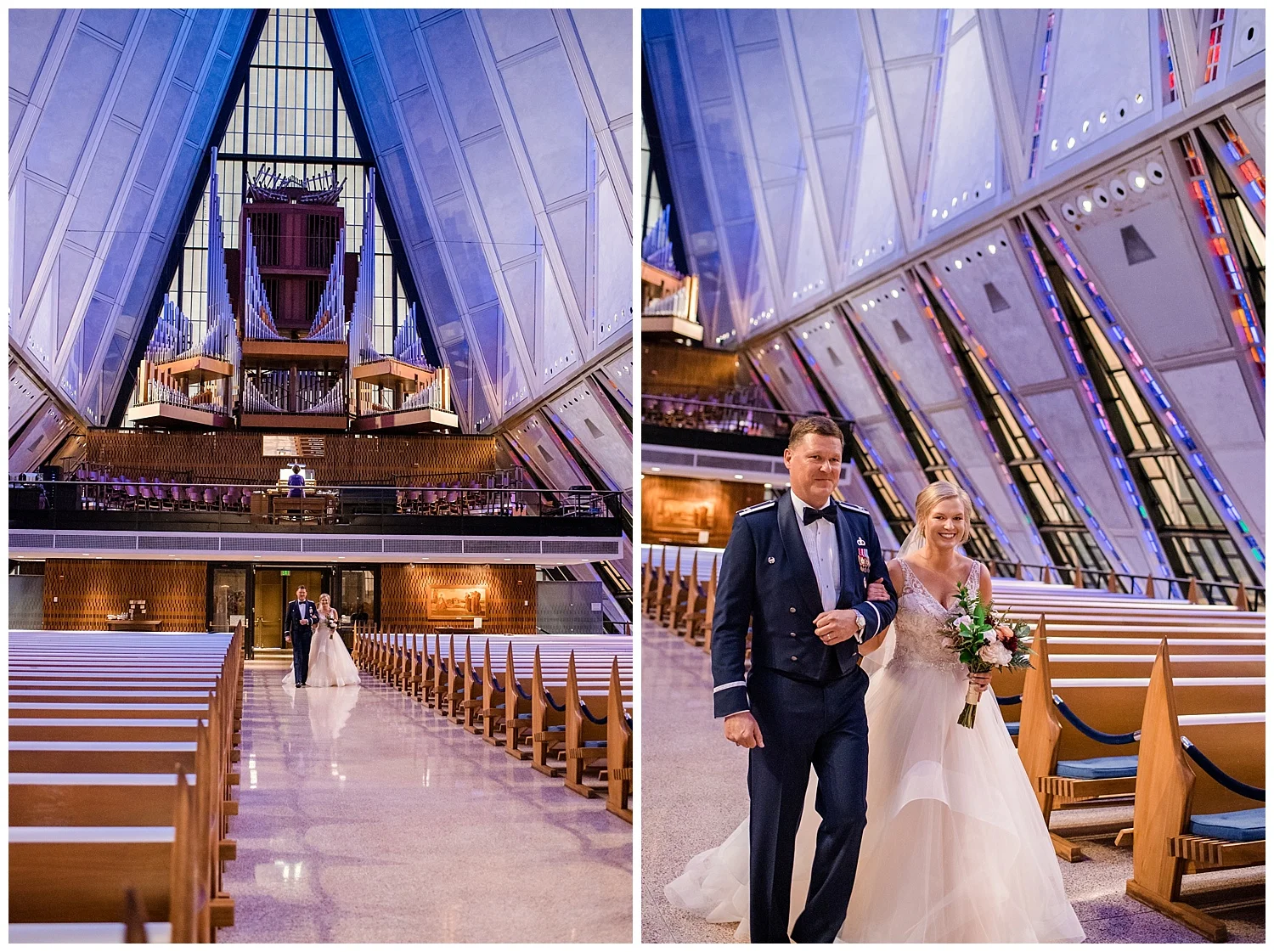 Military Wedding, Cadet Chapel Wedding, Wedding Ceremony walking down the aisle, bride and father walking down the aisleColorado Wedding Photographer, Denver Wedding Photographer, Denver Elopement Photographer, Colorado Elopement Photographer, Rocky Mountain Wedding Photographer, Downtown Denver Photographer