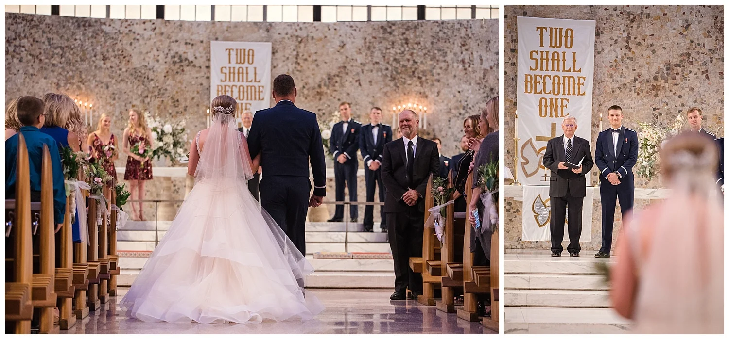 Military Wedding, Cadet Chapel Wedding, Wedding Ceremony walking down the aisle, bride and father walking down the aisle, Colorado Wedding Photographer, Denver Wedding Photographer, Denver Elopement Photographer, Colorado Elopement Photographer, Rocky Mountain Wedding Photographer, Downtown Denver Photographer