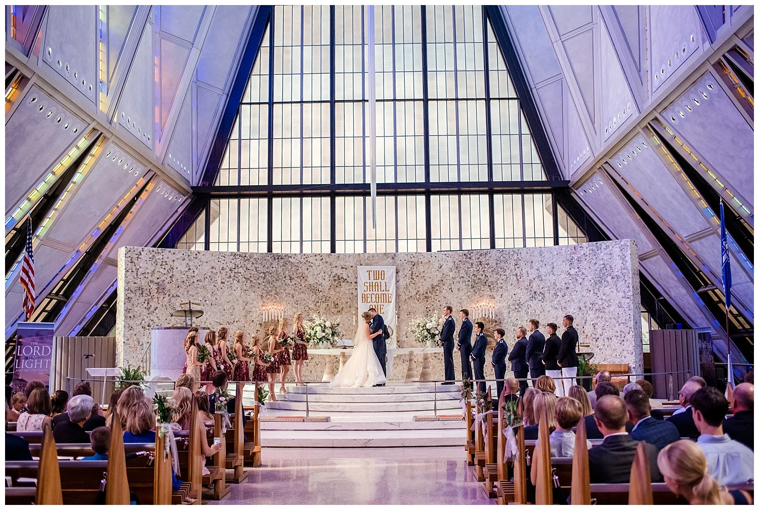 Military Wedding, Cadet Chapel Wedding, bride and groom first kiss, navy suits, dress blues, sparkly red bridesmaids dresses, Colorado Wedding Photographer, Denver Wedding Photographer, Denver Elopement Photographer, Colorado Elopement Photographer, Rocky Mountain Wedding Photographer, Downtown Denver Photographer