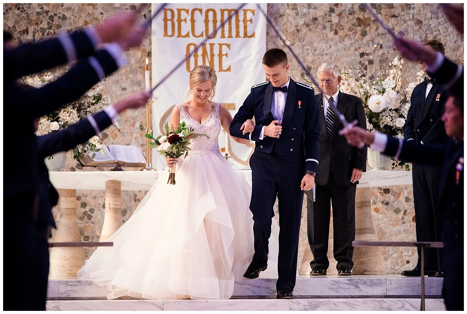 Military Wedding, Cadet Chapel Wedding, bride and groom first kiss, navy suits, dress blues, sparkly red bridesmaids dresses, Colorado Wedding Photographer, Denver Wedding Photographer, Denver Elopement Photographer, Colorado Elopement Photographer, Rocky Mountain Wedding Photographer, Downtown Denver Photographer