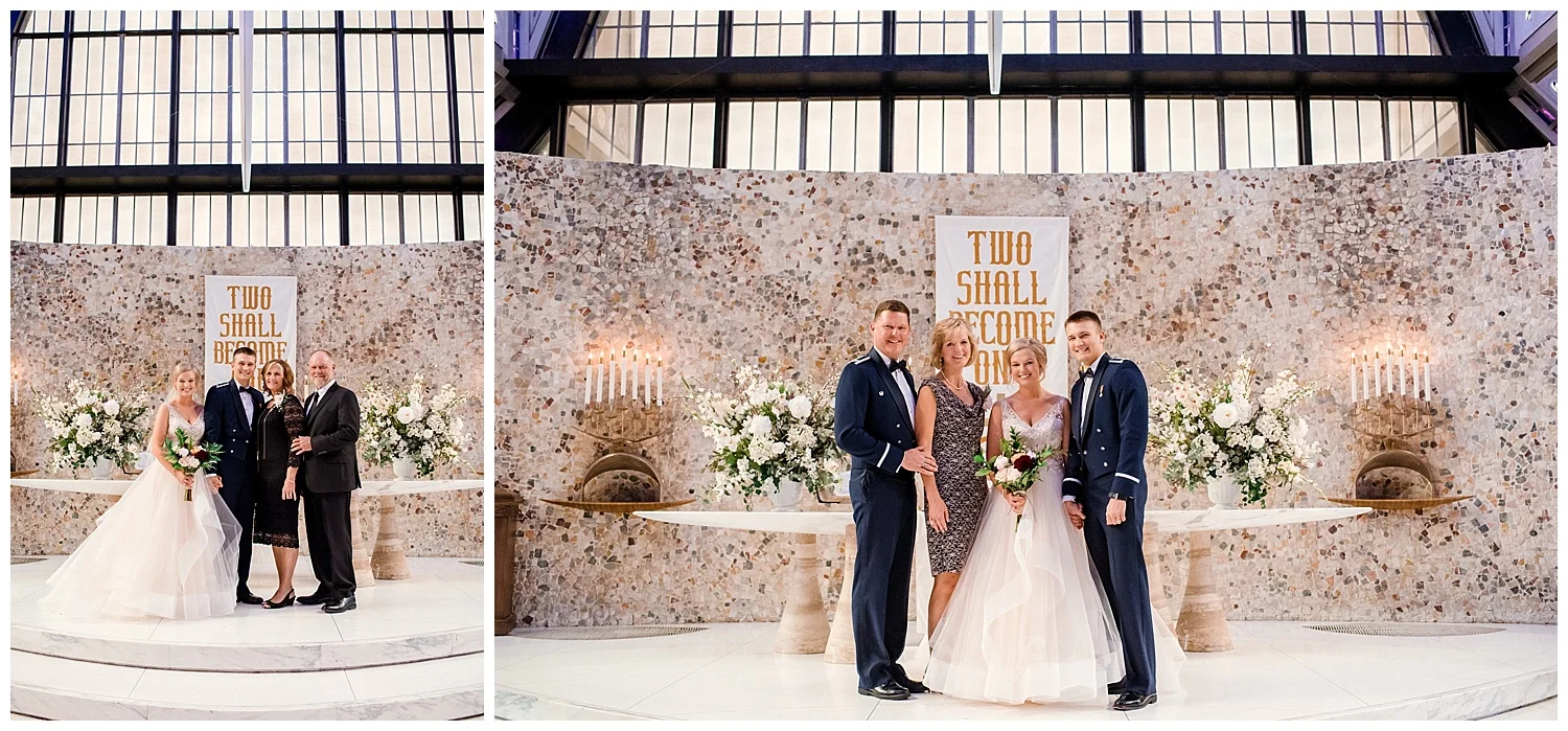 Military Wedding, Cadet Chapel Wedding, bride and groom, navy suits, dress blues, sparkly red bridesmaids dresses, bridal party, family photos, Colorado Wedding Photographer, Denver Wedding Photographer, Denver Elopement Photographer, Colorado Elopement Photographer, Rocky Mountain Wedding Photographer, Downtown Denver Photographer