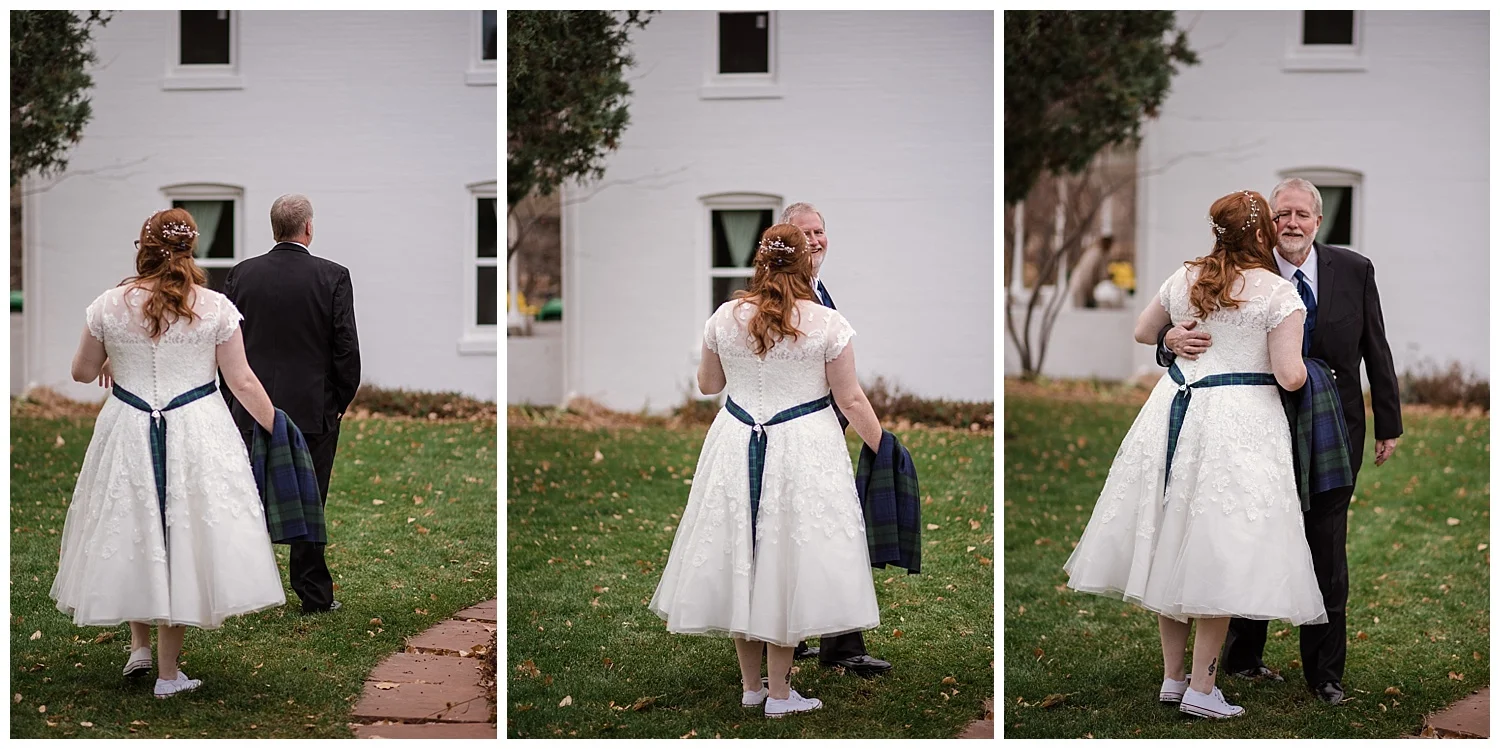 first look with dad, Barn wedding in colorado, colorado wedding photographer, denver wedding photographer, star wars wedding, dr who wedding, lord of the rings wedding, harry potter wedding, Downtown Denver Wedding Photographer, Small Colorado Wedding Photographer, Rocky Mountain Wedding Photographer