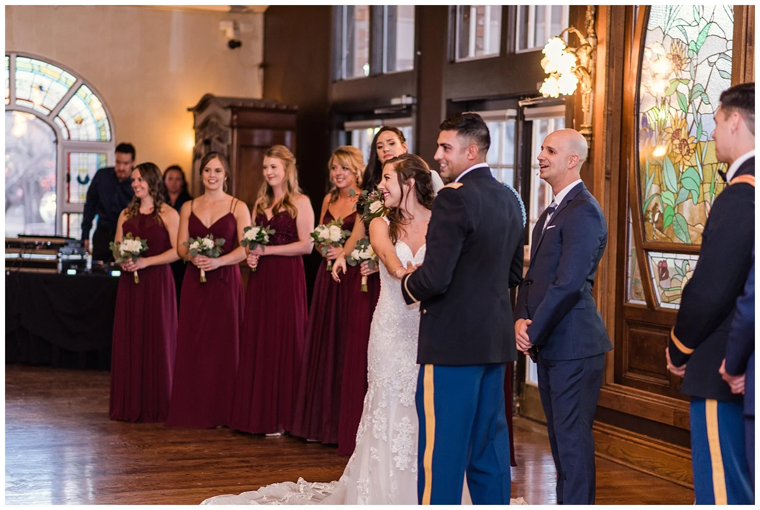 Military wedding at Lionsgate, Colorado Wedding Photographer, Denver Wedding Photographer, Colorado Engagement Photographer, Denver Engagement Photographer, Downtown Denver Wedding Photographer, Small Colorado Wedding Photographer, Intimate Colorado Wedding Photographer, navy and maroon wedding, lace wedding dress, vintage wedding, barn wedding, stained glass wedding, bride groom first look,