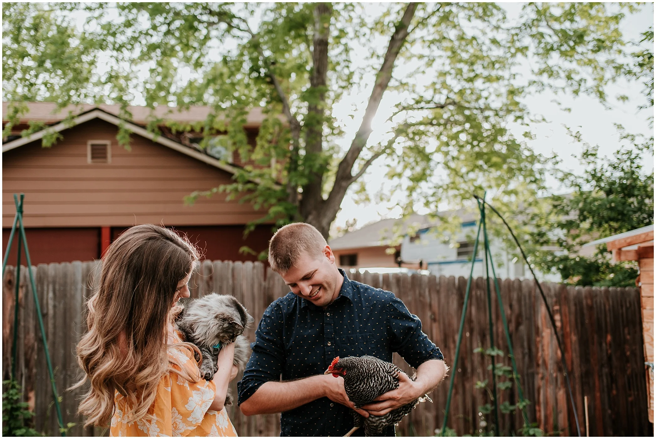 Denver engagement photos, colorado engagement photos, denver engagement photographer, lakewood engagement photo locations, floral dress engagement, engagement photo ideas, best engagement photographers denver, colorado wedding photographer, denver wedding photographer, denver wedding videographer, happy engagement photos, engagement photo posing, halo engagement ring, park engagement photos, engagement photos with pets, backyard chicken coop, engagement photos with cat, engagement photos with beer, home brewing