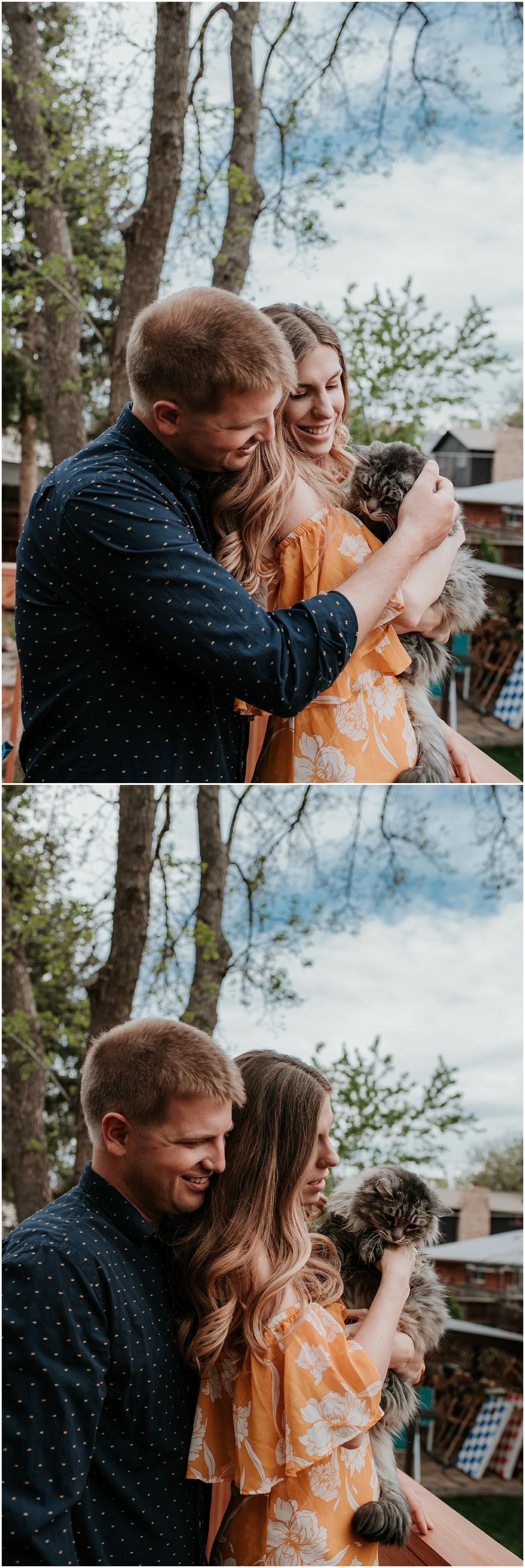 Denver engagement photos, colorado engagement photos, denver engagement photographer, lakewood engagement photo locations, floral dress engagement, engagement photo ideas, best engagement photographers denver, colorado wedding photographer, denver wedding photographer, denver wedding videographer, happy engagement photos, engagement photo posing, halo engagement ring, park engagement photos, engagement photos with pets, backyard chicken coop, engagement photos with cat, engagement photos with beer, home brewing