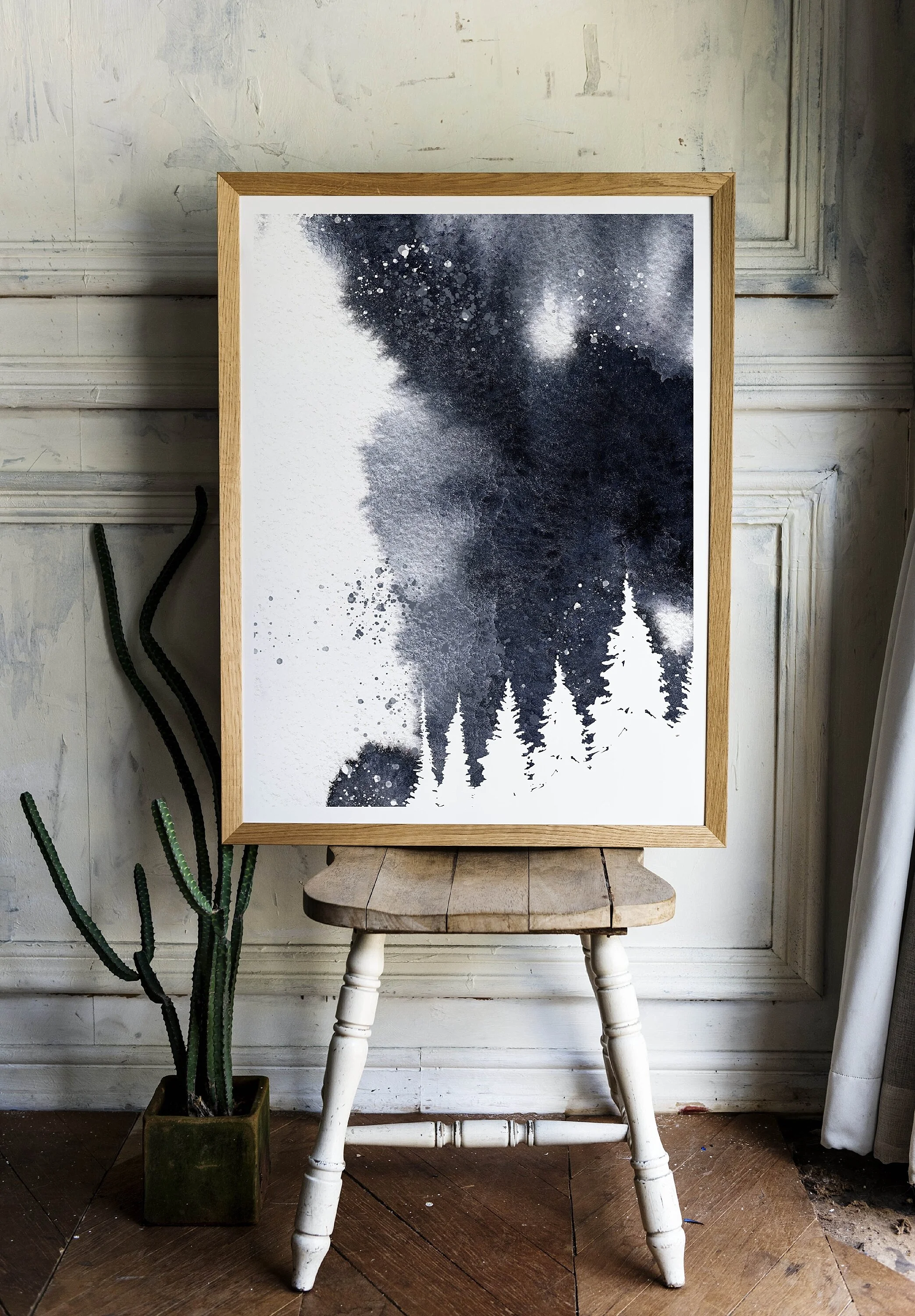 Etsy art printable, easy print, woodland print, watercolor printable, woodland print, celestial print, dark print, diy printable, last minute christmas gift