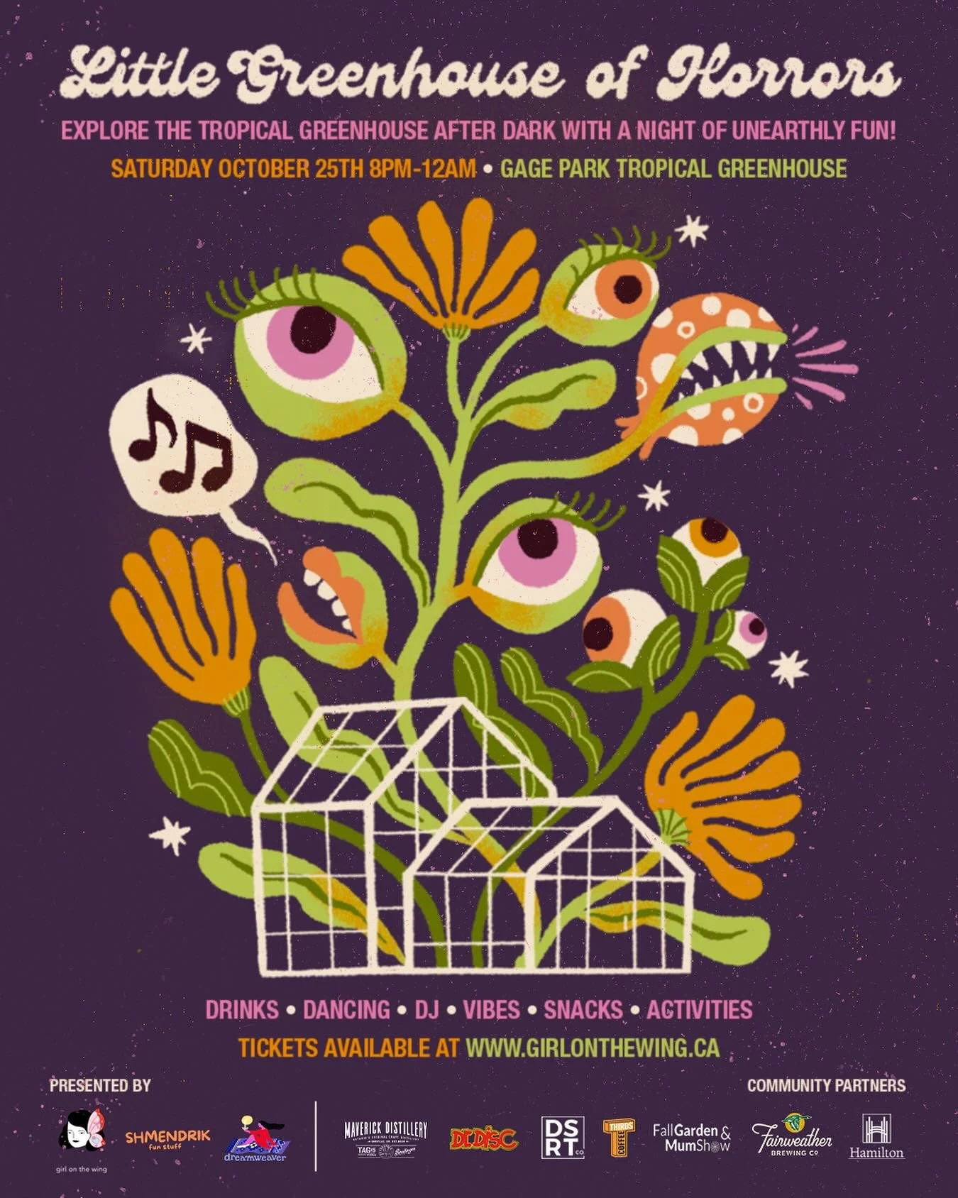 I love the Gage Park Greenhouse! I love @girlonthewinghamilton! And I loved drawing these spooky plants for their upcoming event! Woooo👁️🌿