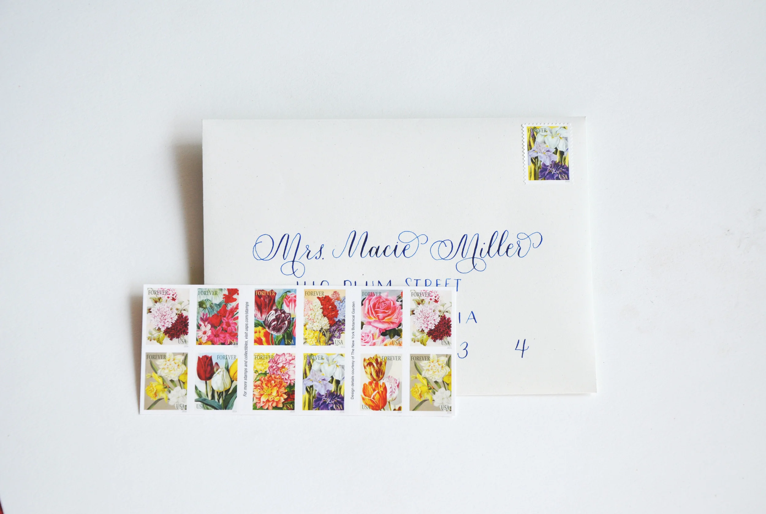 Each invitation was addressed with pointed-pen calligraphy. Beautiful botanical stamps completed the look.