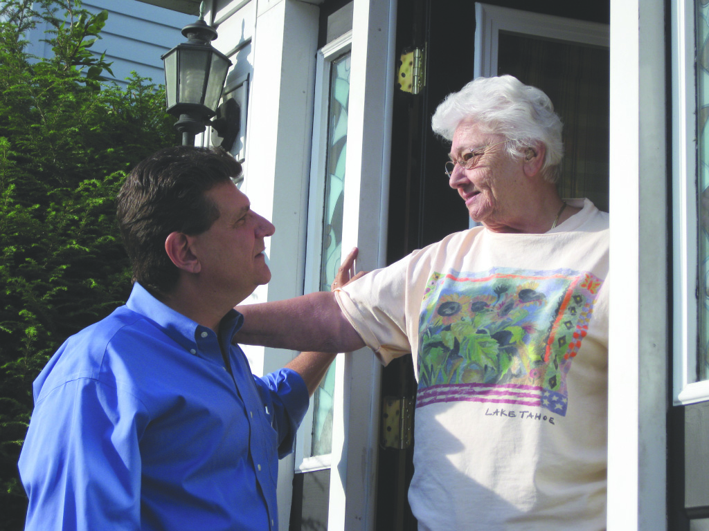 Councilor Ciommo speaks with Rita Digesse, a community activist and resident of Allston for over eight decades.