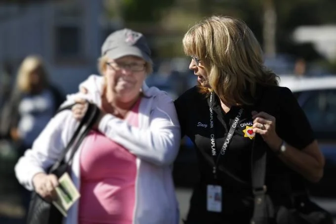 Chaplain Stacy Perkins at a scene in Santa Rosa, CA. Photo courtesy of the Press Democrat.