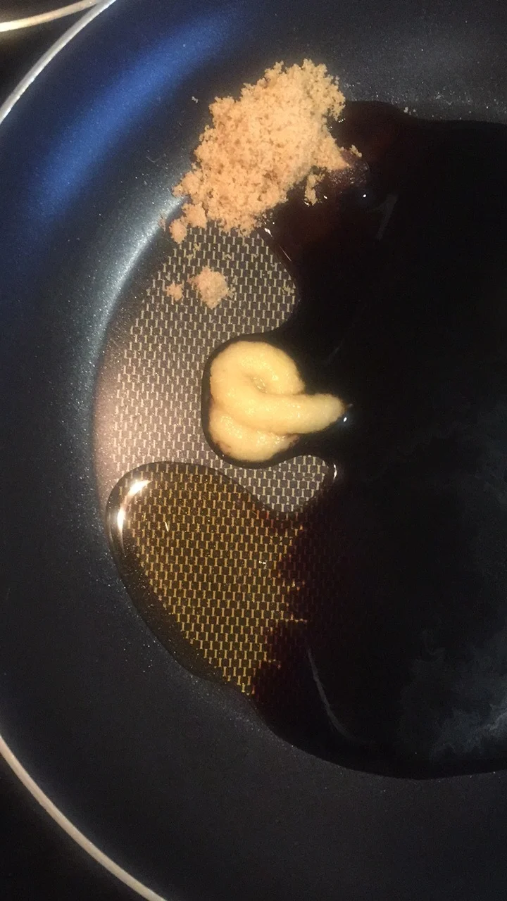1/3 cup reduced sodium soy saucE , 1/4 cup brown sugar, packed, 1 tb minced garlic, 1 tablespoon freshly grated ginger, 2 tablespoons honey + h20 + Corn starch slurry 