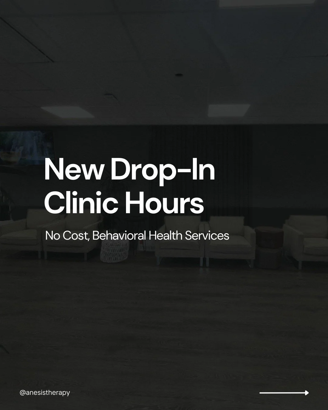 We're here for you in 2026.

Our free drop-in clinics are back this month, offering no-cost behavioral health services&mdash;no appointment needed, no insurance required. Just show up and we'll meet you where you are.

Wednesdays: 2:30 PM &ndash; 6:3