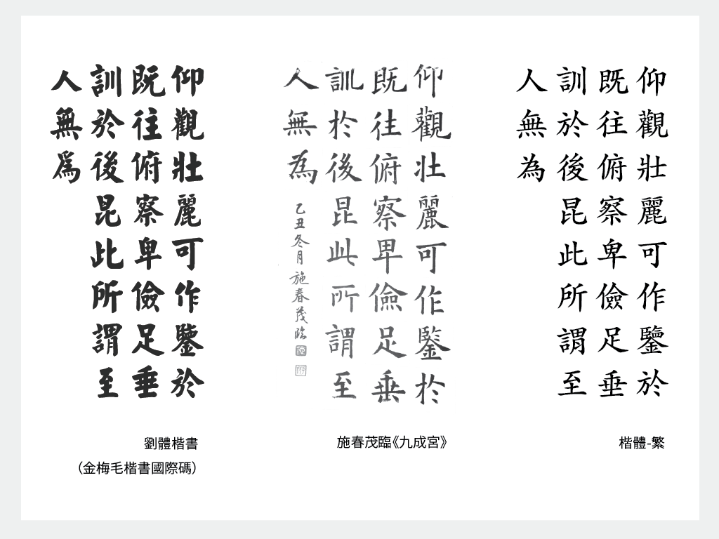 比較電腦化劉體楷書、書法《九成宮醴泉銘》以及 Mac 內建字型「楷體-繁」