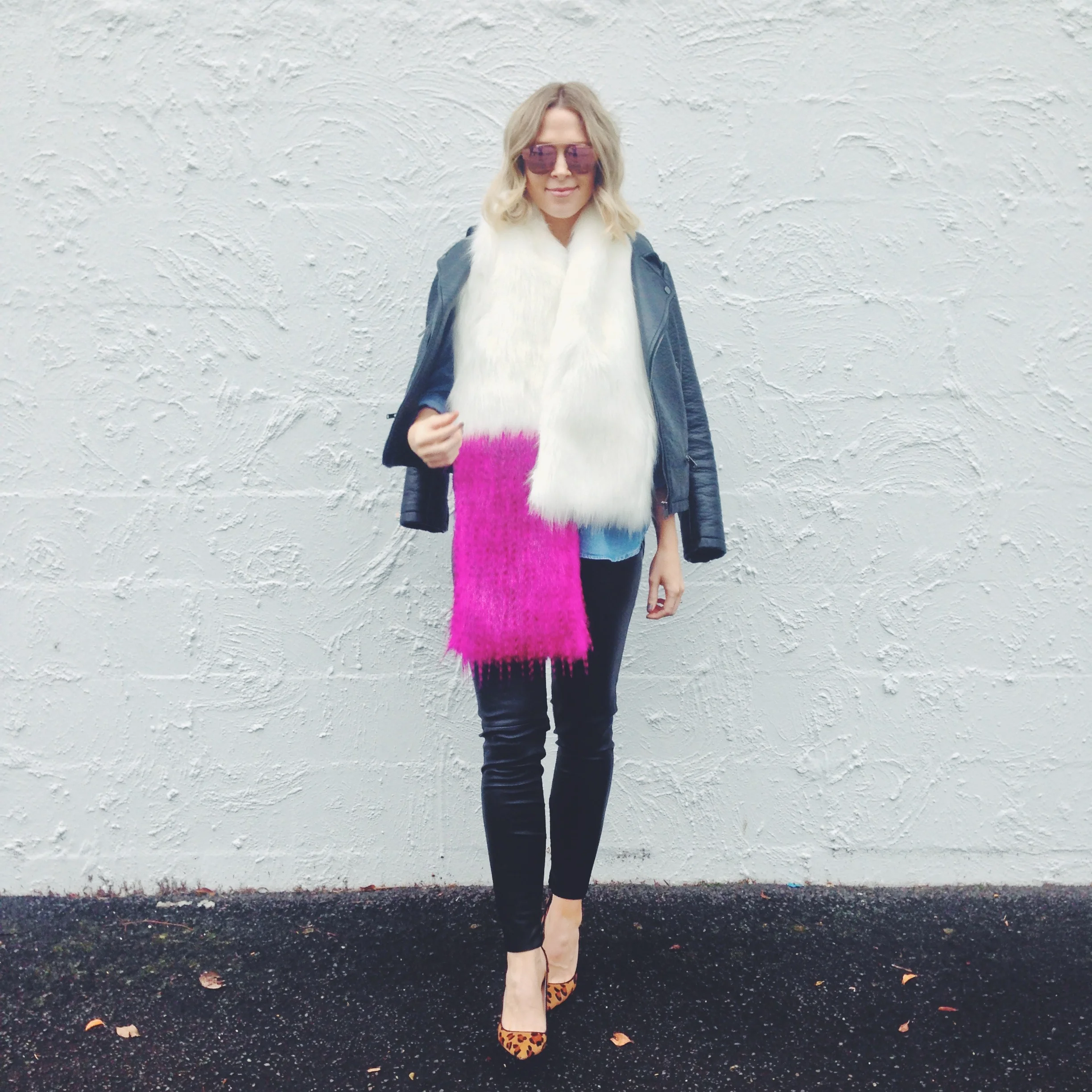 Jacket: Zara; Shirt: Cotton On; Scarf: Ida Faux Fur; Leggings: Zara; Heels: Mimco