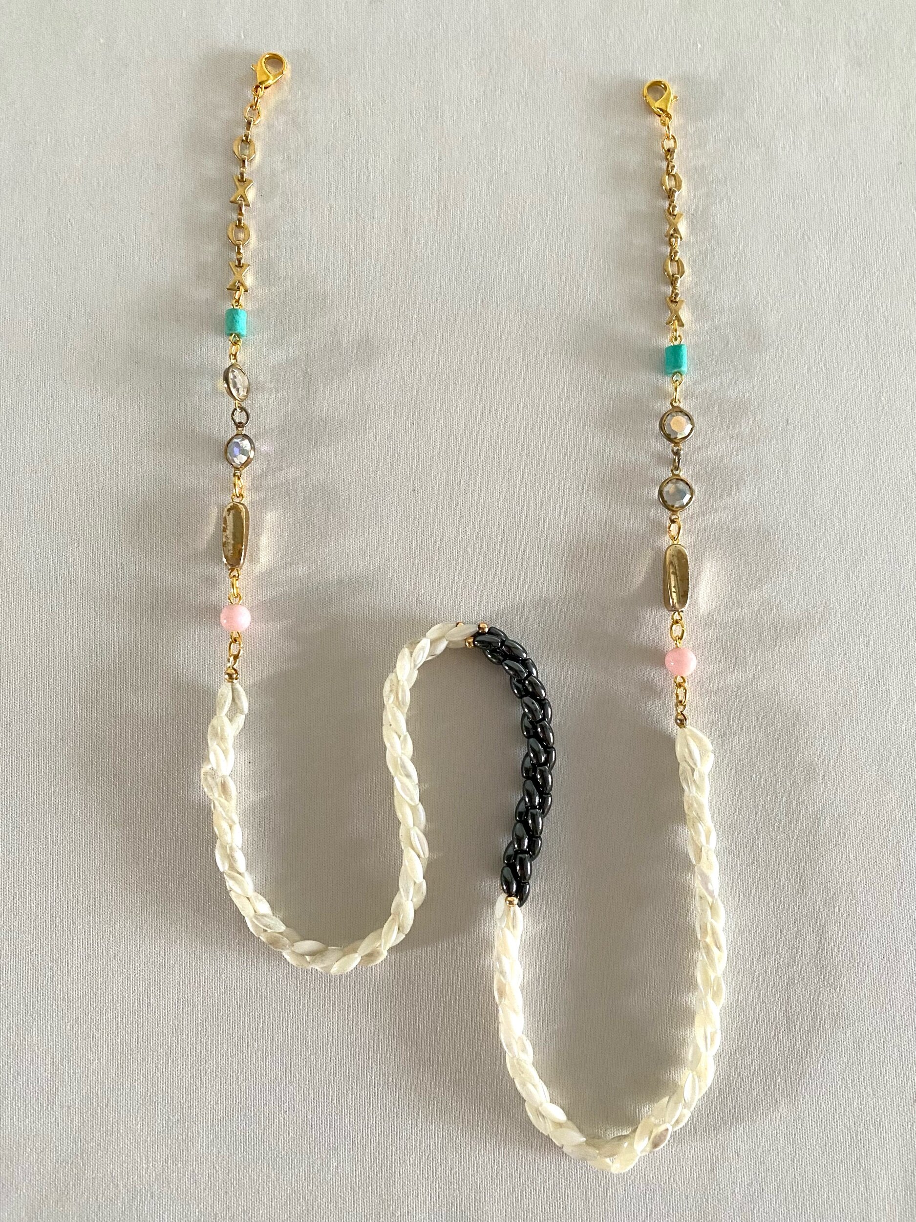 Mother of pearl and Hematite glasses chain