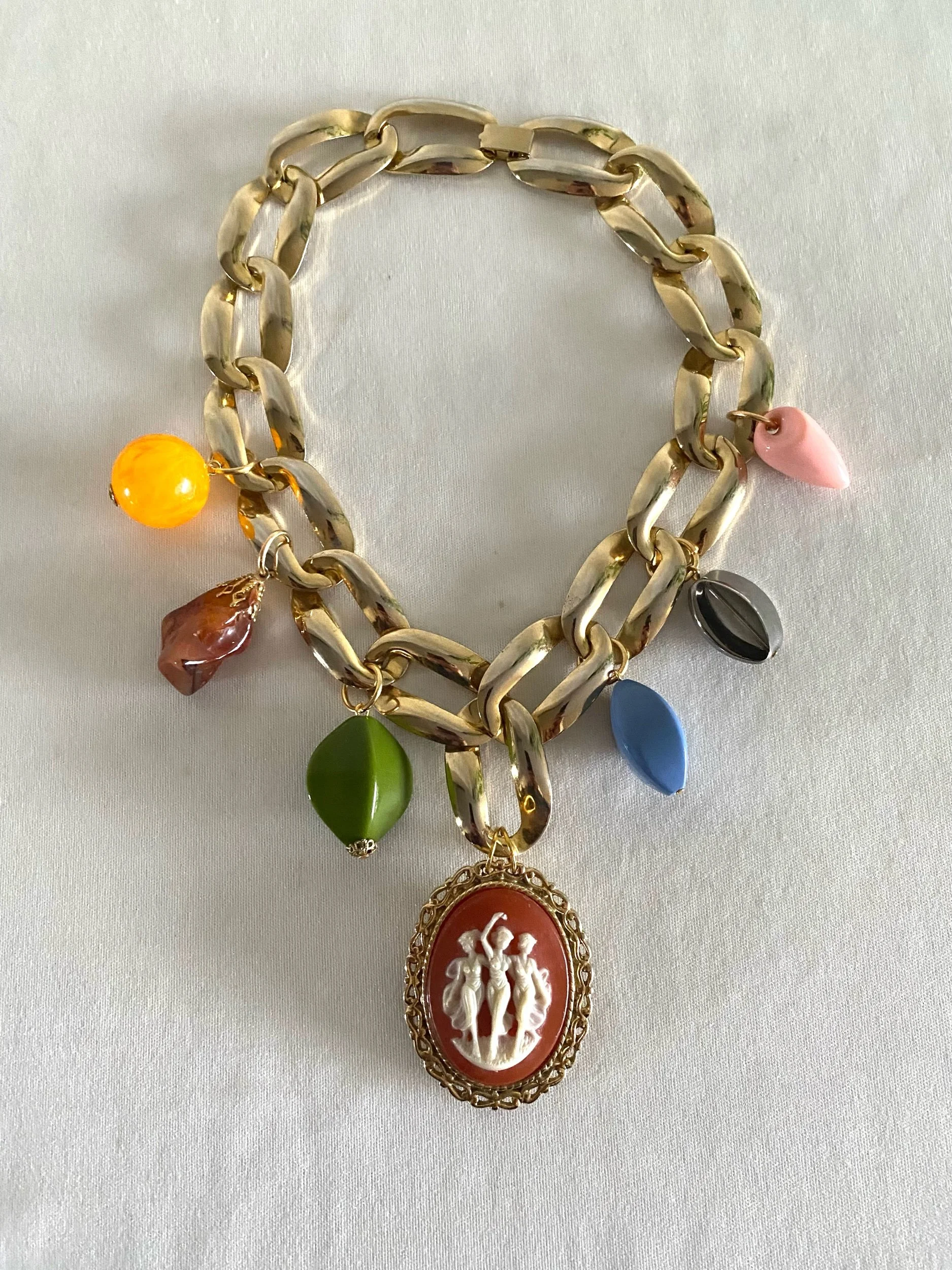 Chunky pastel charm necklace with Cameo