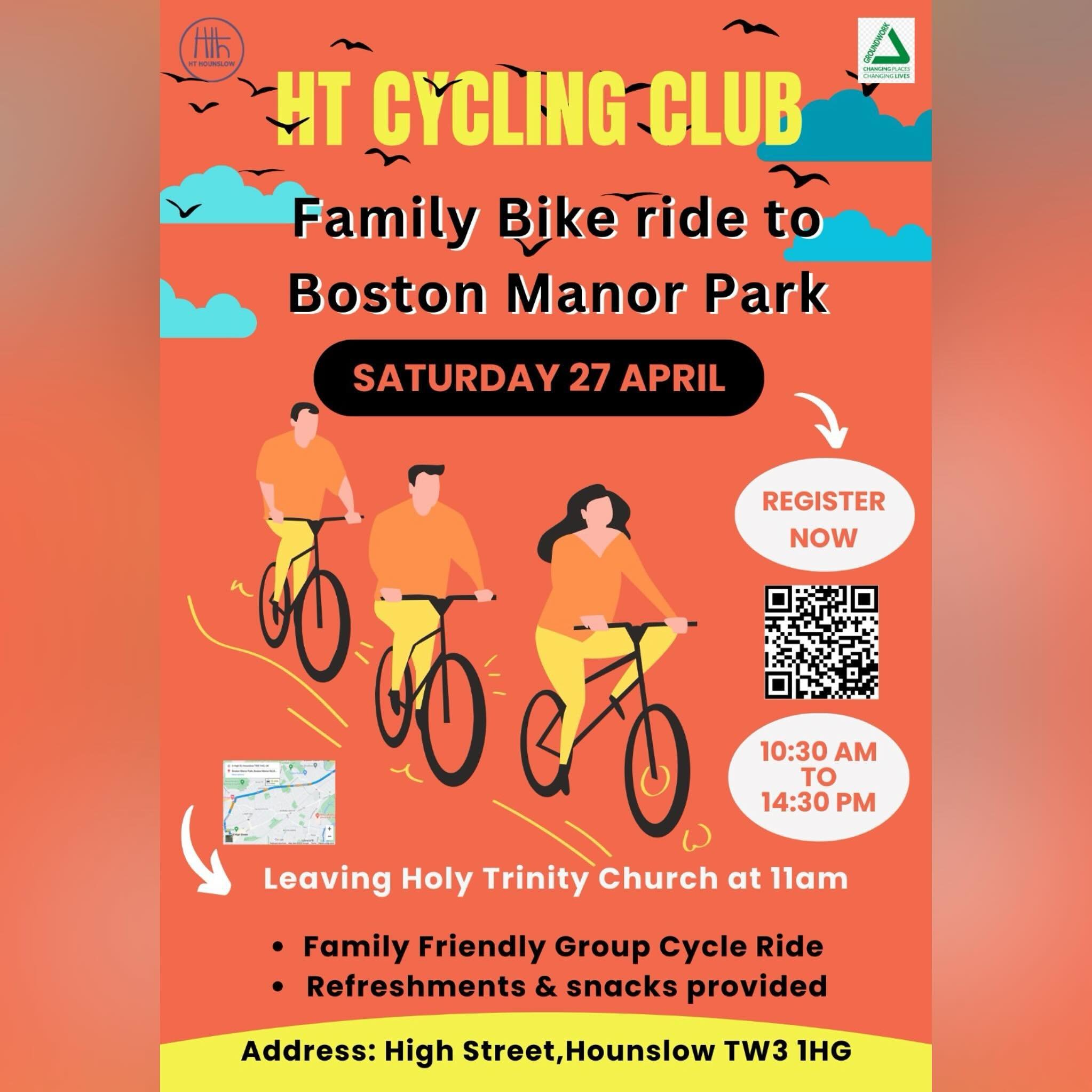 Join our HT Cycling Club to improve your physical and mental wellbeing.
What&rsquo;s on offer Saturday 27 April:

10.30 Free Cycle repair
11.00: Free road safety training
11.30 leave for park ride to Boston Manor Park
.
Improve mental wellbeing &amp;