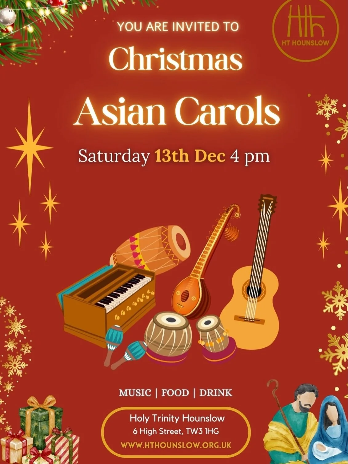 You are invited to join us for this *Asian Carol Service at Holy Trinity Hounslow Saturday 13th December at 4pm*- 
A Christmas themed worship service in Asian languages including Hindi, Telugu, Urdu, Punjabi, Gujarati and Tamil. 

This is an opportun