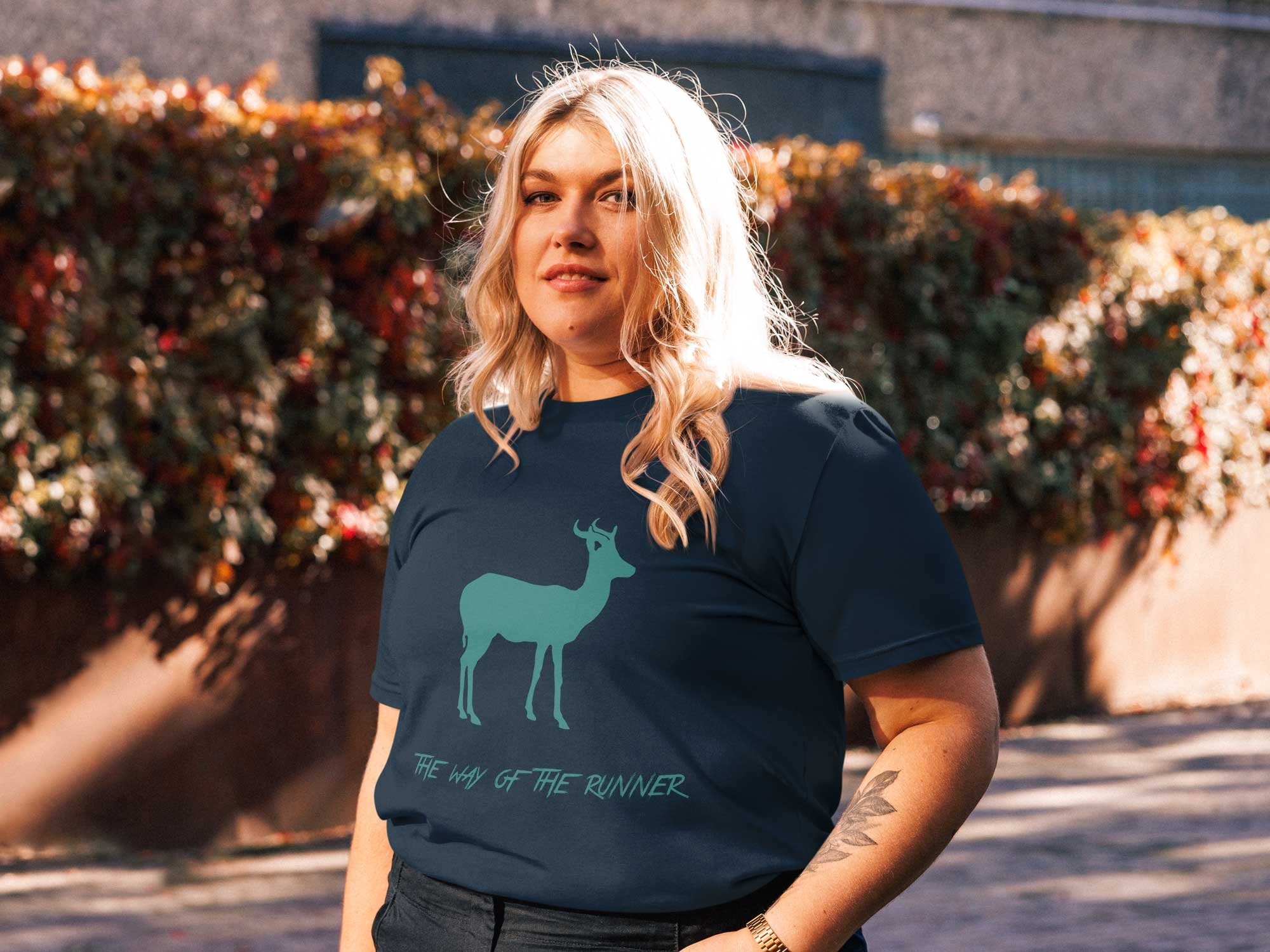 model wearing a unisex organic cotton t-shirt in french navy