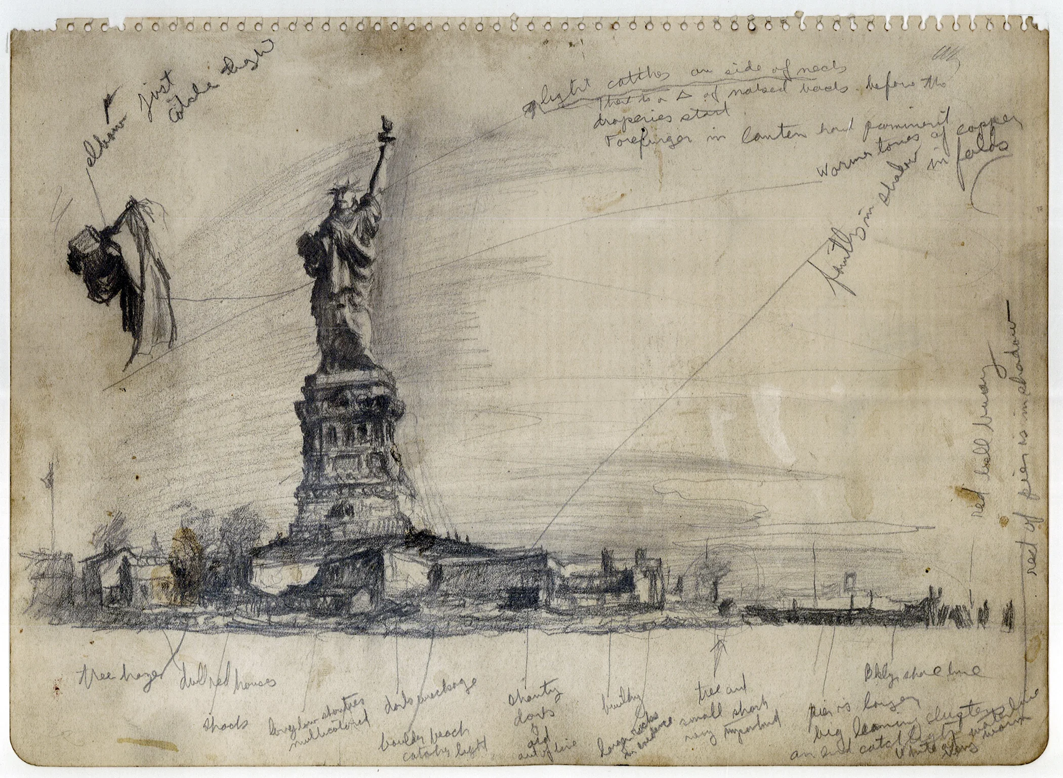  Noble was struck by the appearance of the Statue of Liberty from the back. &nbsp;In this study he sketched and made notes about it, and the surrounding landscape, from the perspective of the old Lehigh Railroad docks at Black Tom, New Jersey. Pencil