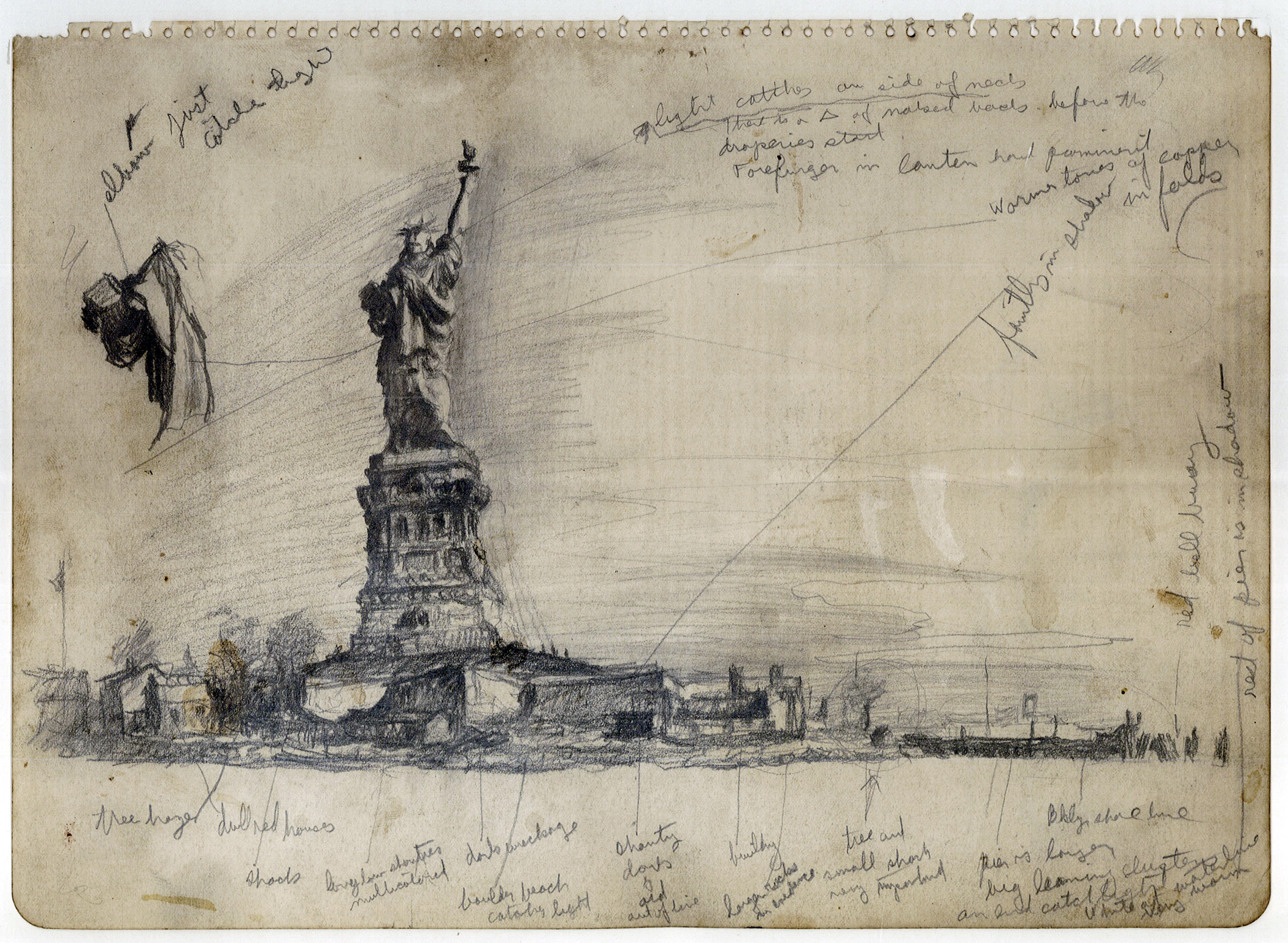 Noble was struck by the appearance of the Statue of Liberty from the back. In this study he sketched and made notes about it, and the surrounding landscape, from the perspective of the old Lehigh Railroad docks at Black Tom, New Jersey. Pencil on paper, 9” x 12”