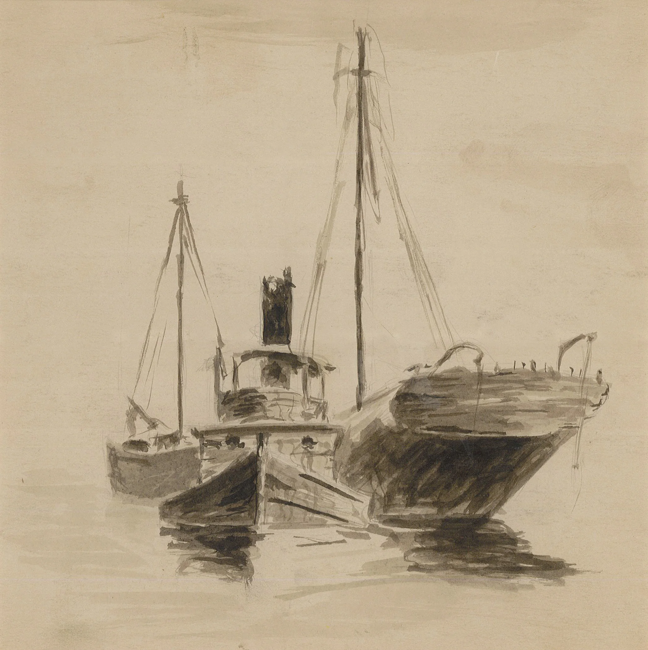  Sloop, tug, and schooner Pen and ink on paper, 7 ½” x 7 ½”&nbsp; 