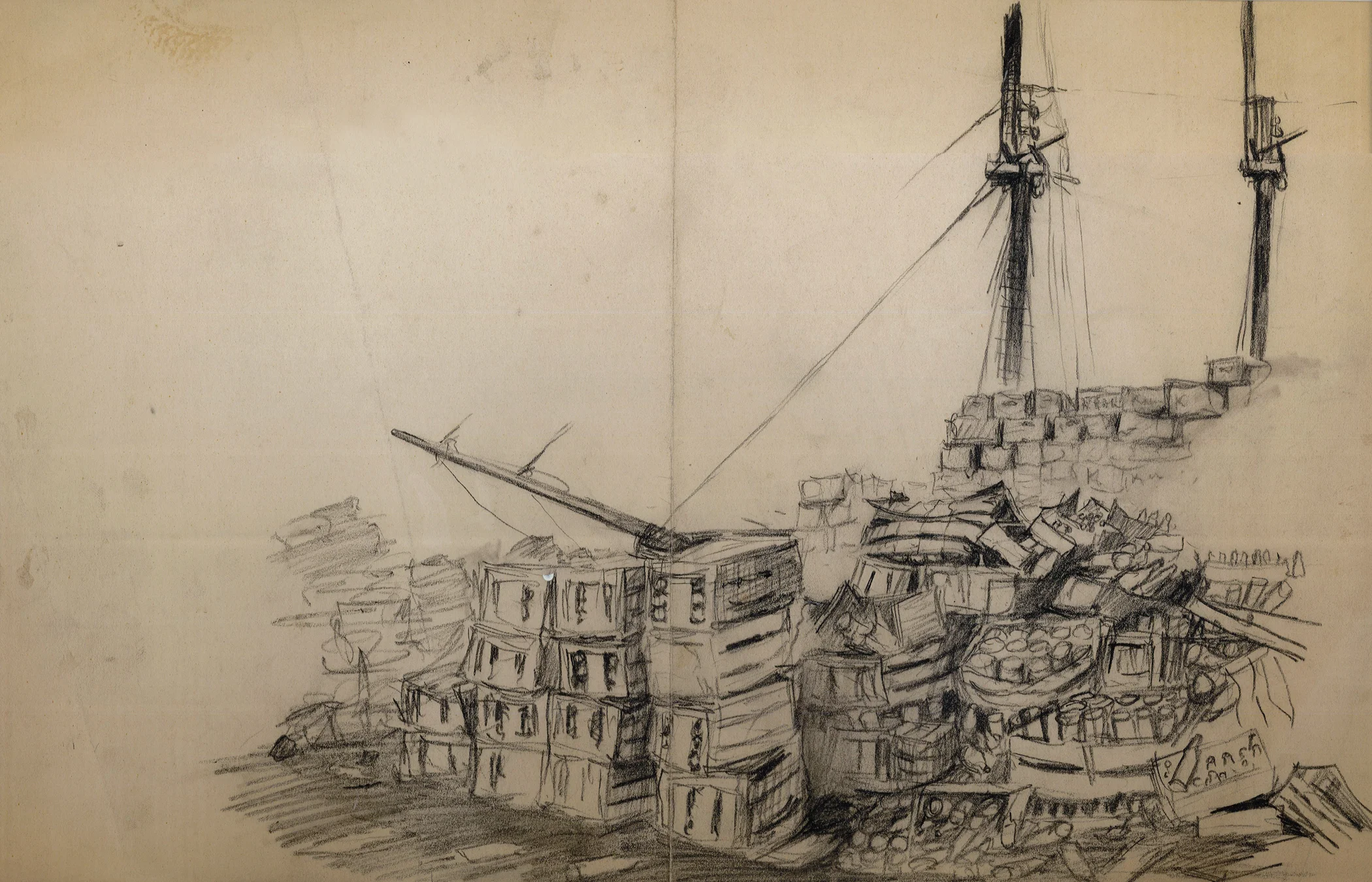  The four-masted schooner Herbert L. Rawding, built in 1919 in Stockton Springs, Maine between stacks of cargo in around 1935. Charcoal on paper, 11” x 17” 