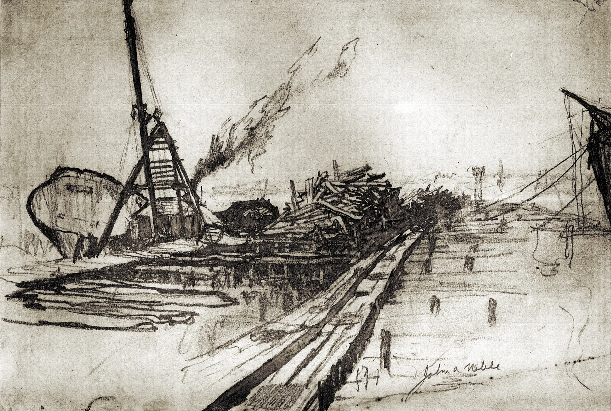  An A-frame derrick barge and the five-masted wooden barkentine City of Austin, built in Orange, Texas in 1918, were common elements of the Port Johnston landscape. Pencil on paper, 9 ½” x 14 ¼” 