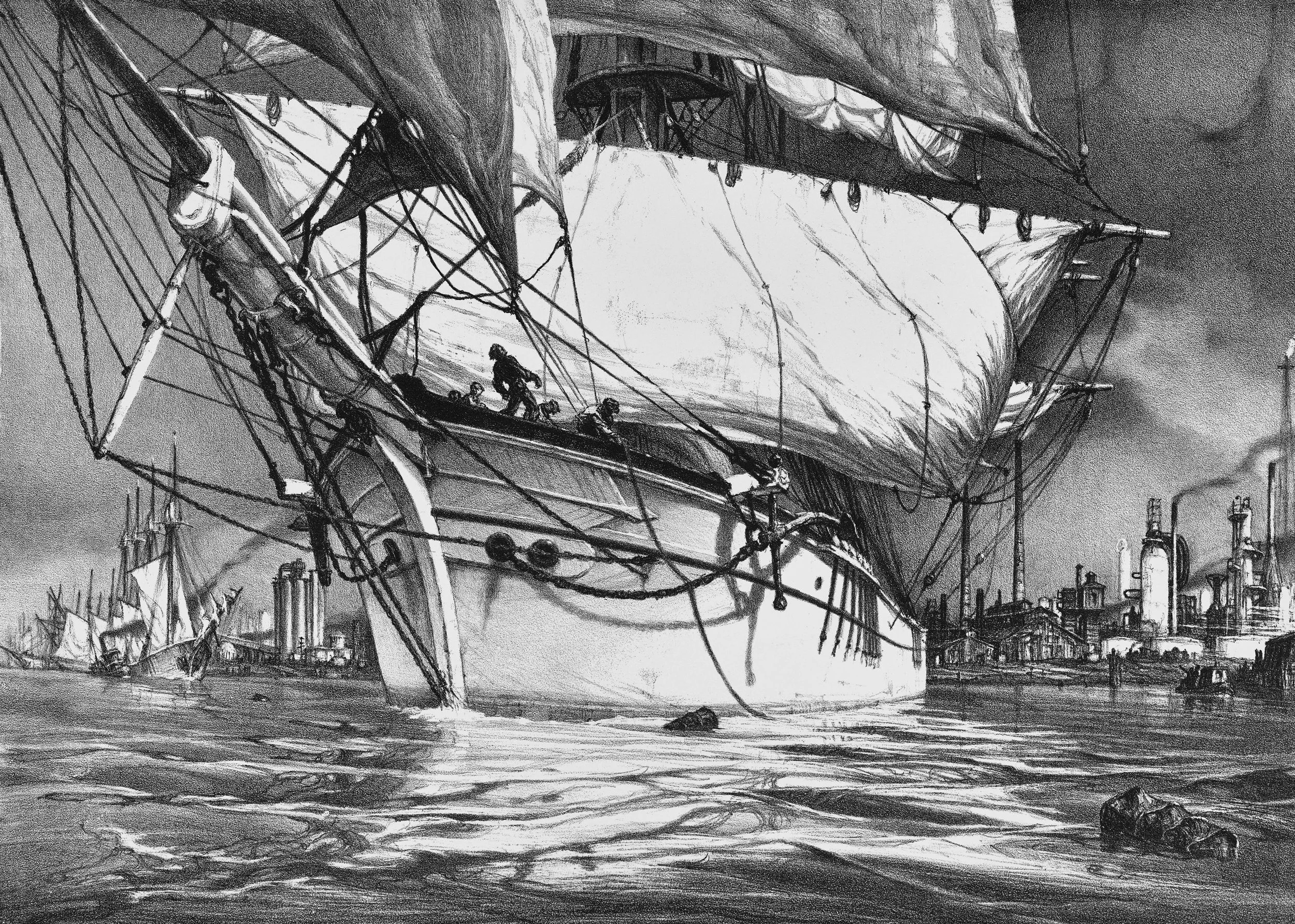 John A. Noble, N.A. (1913–1983), The Guadalhorce Leaves Bayonne Forever, Bayonne Centennial Commemorative Lithograph, 1869-1969 , Lithograph, Edition 200, 1969, 12 ¾″ x 18″; gift of Charles Schafer