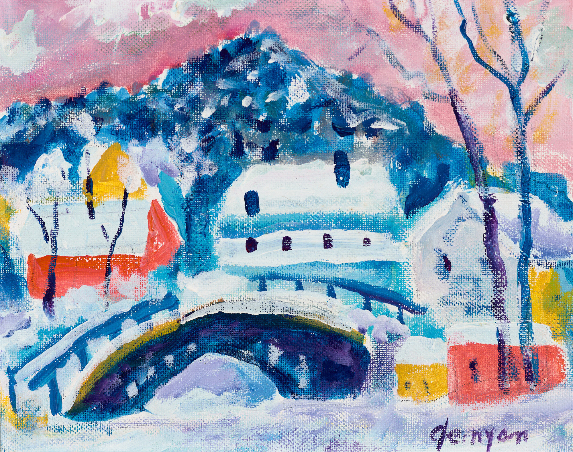  Jack Demyan (1923-1999)  Untitled (winter scene)  Acrylic on canvas, date unknown, 7 ¼” x 9 ¼”  
