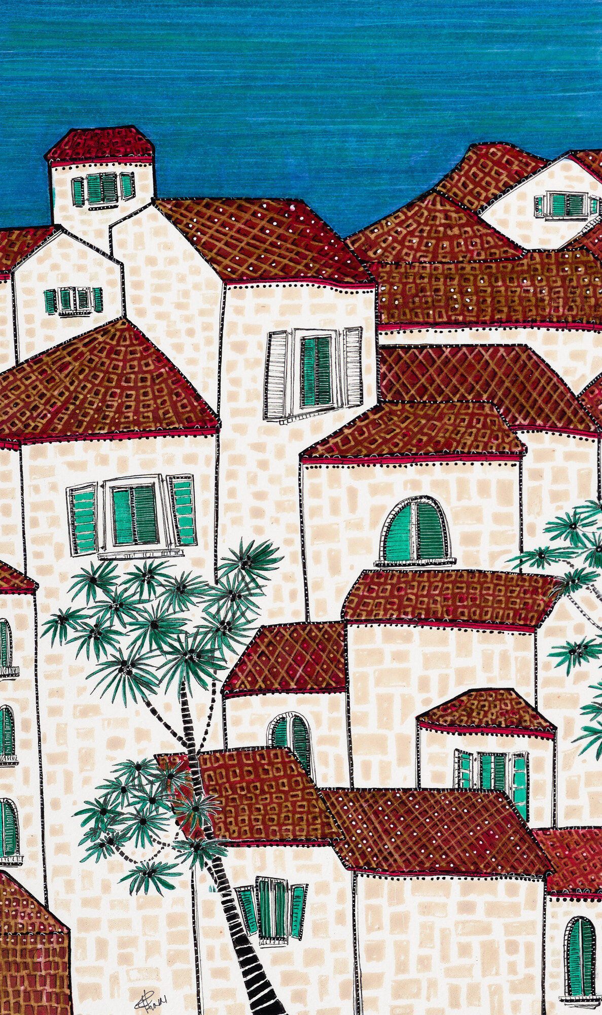  Elle Finn   Mediterranean Rooftops   Pen and ink with embossing, 2021, 18 ½” x 13”    