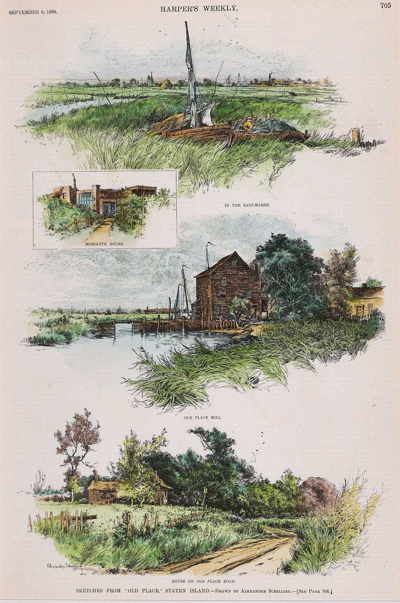  Alexander Schilling (1859-1937)   Sketches from “Old Place” Staten Island   Engraving, 1890, 15” x 10”   Gift of Carol Chapman   