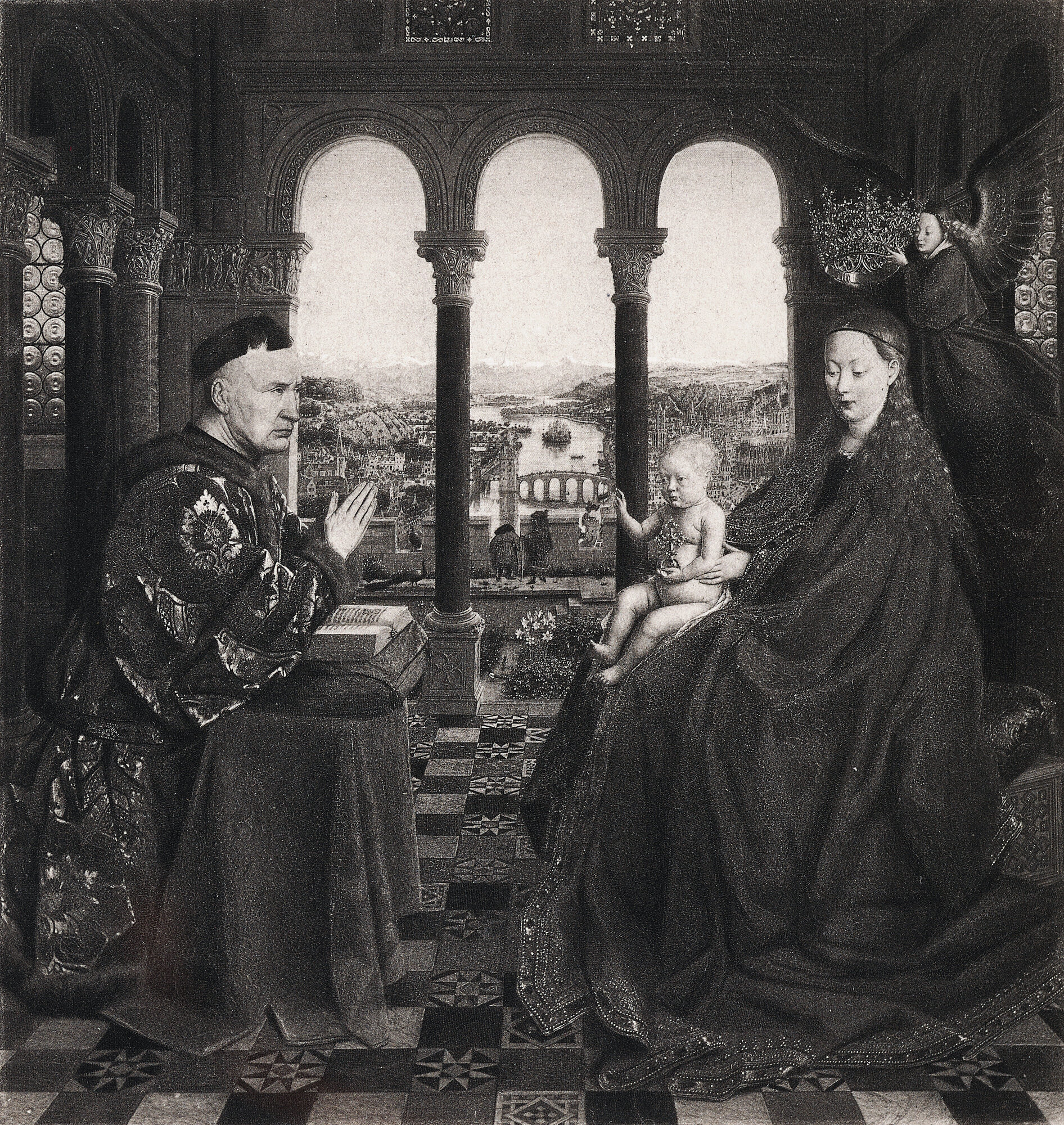  Jan Van Eyck (c. 1390-1441)   La Vierge Au Donateur   Reproduced in photogravure by Boussod &amp; Valadon,  date unknown, 6 ½” x 6 ¼”   Gift of Lewis Chapman in memory of Lewis V. Chapman, Sr.  