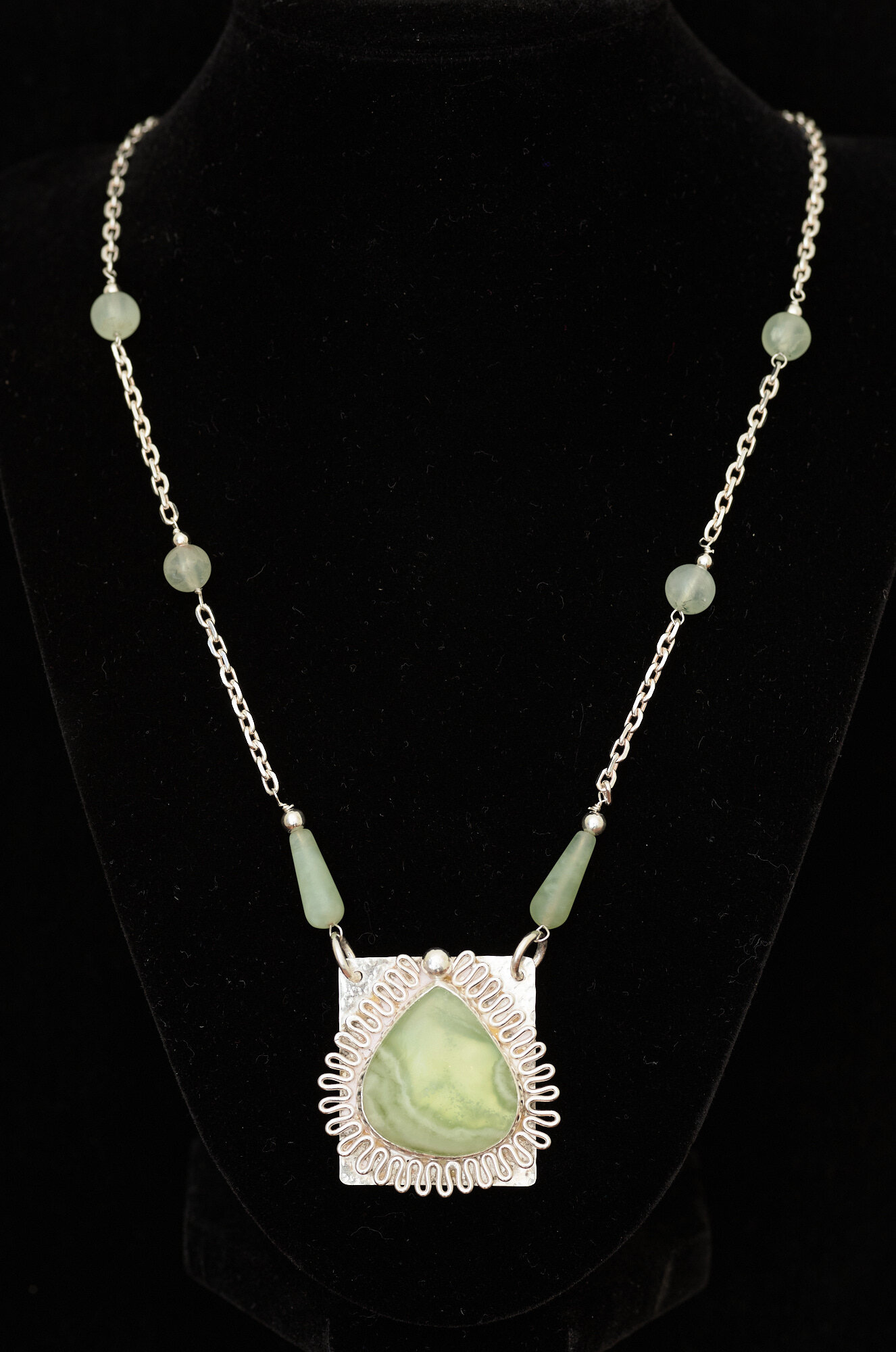  Sage Reynolds  Serpentine necklace  Serpentine with prehenite and agate beads with sterling silver, 2019    