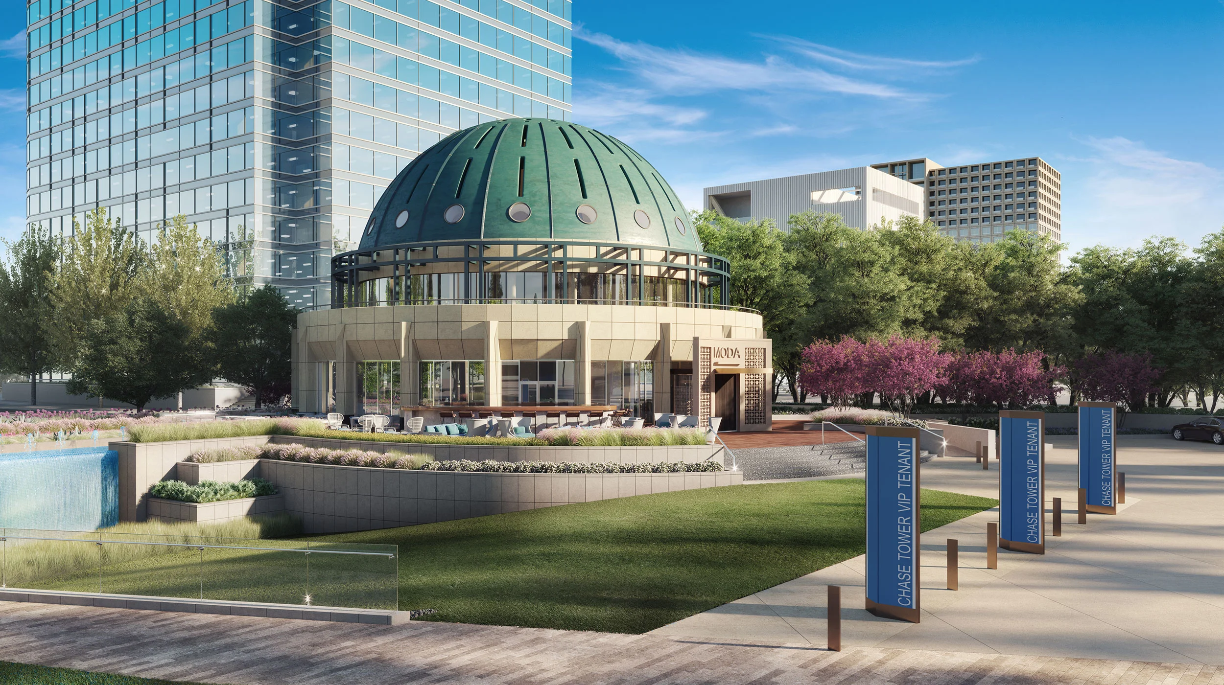 Chase Tower Dallas, Texas The Chase Tower Plaza is designed to revitalize this prominent location adjacent to the Arts District in downtown Dallas. Repositioning the plaza with landscaping and walkways while establishing an art component will invigorate the space in front of the iconic round rotunda which will become home to a newly featured restaurant. The sloped lawn with a waterfall backdrop will be an engaging space for public events such as music and art gatherings for all to enjoy.