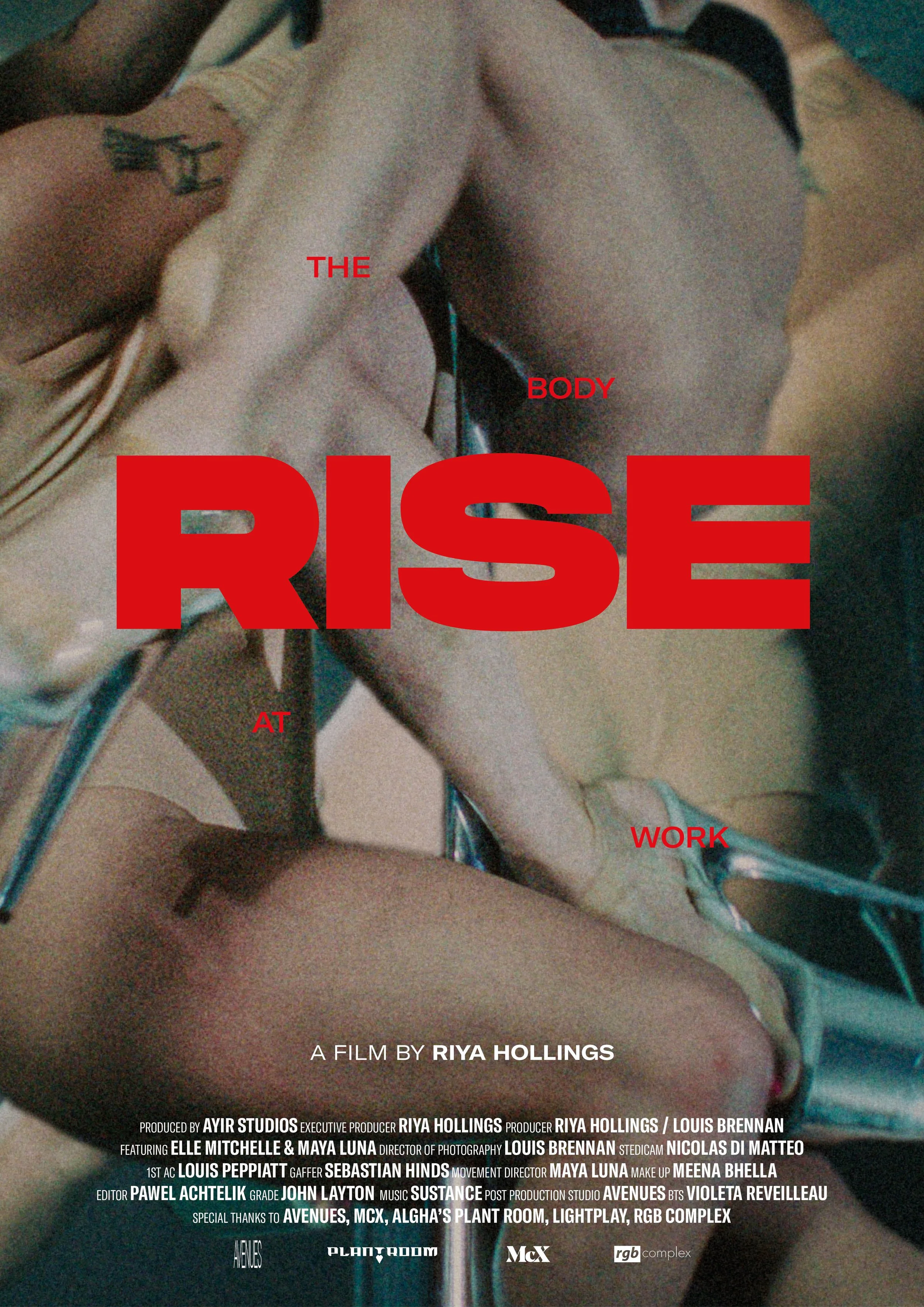 RISE: The Body at Work poster — official poster for Riya Hollings' documentary film about pole and aerial performance, shot by Louis Brennan