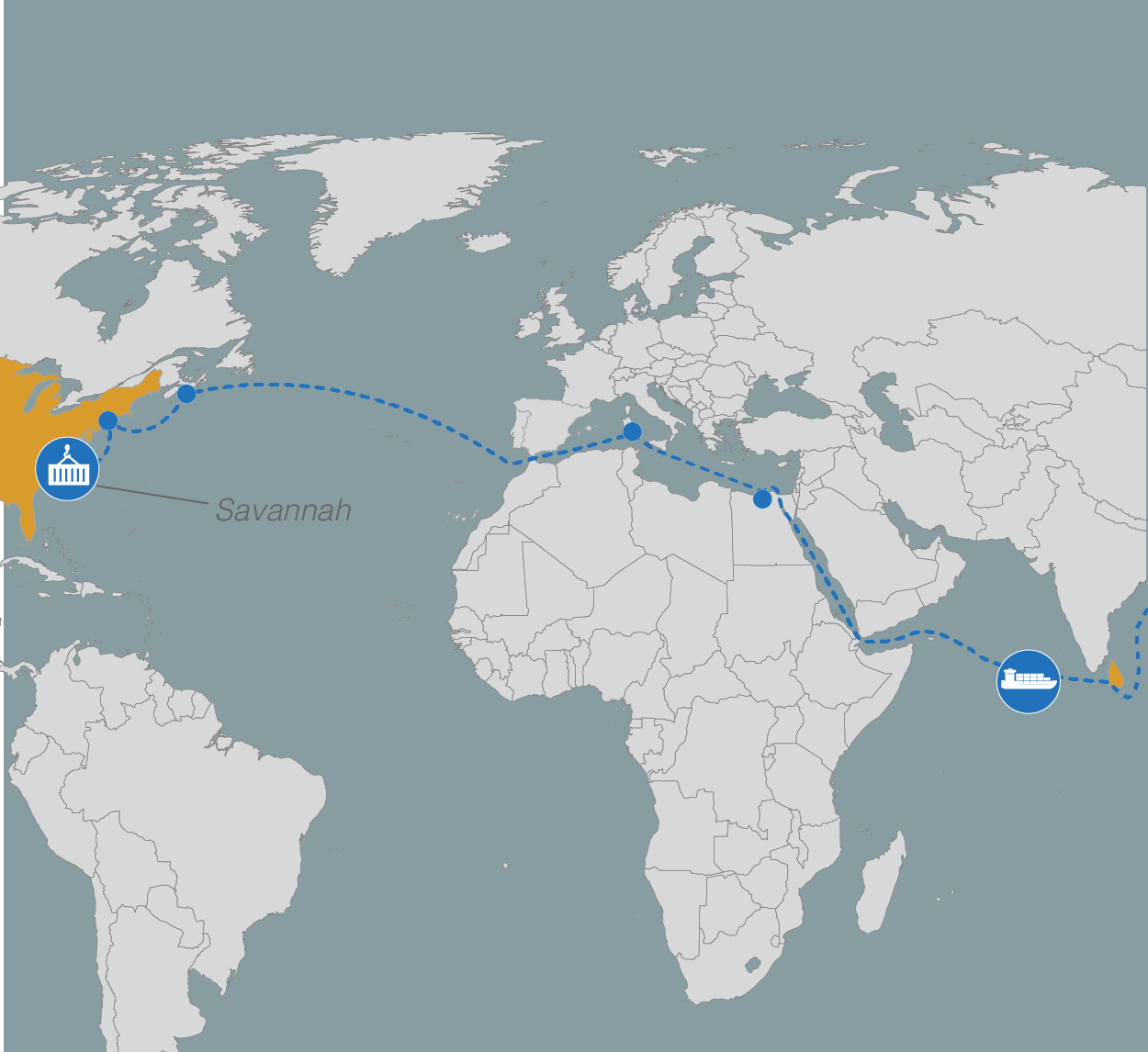 In Colombo, the container was transferred to the long-haul ship APL Colombo, which made the trip from Sri Lanka to Savannah, Georgia, in the United States in 26 days.