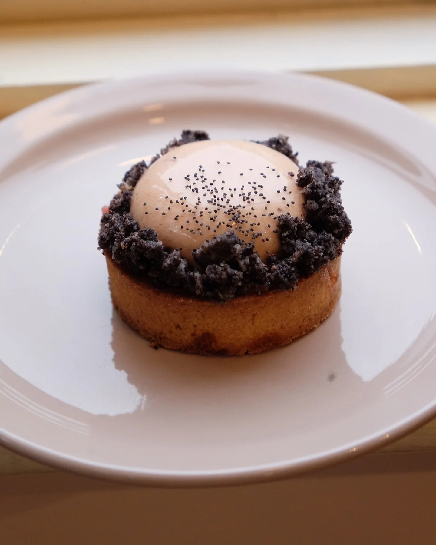 Plum and poppy Tart. 

A classic combo, here we have a poppy frangipane poppies grown by my Mum in Hungary. Two varieties of plum in the dessert from trees here in York made in to a compote and a bavaroise with a hint of lavender. I hope you will enj