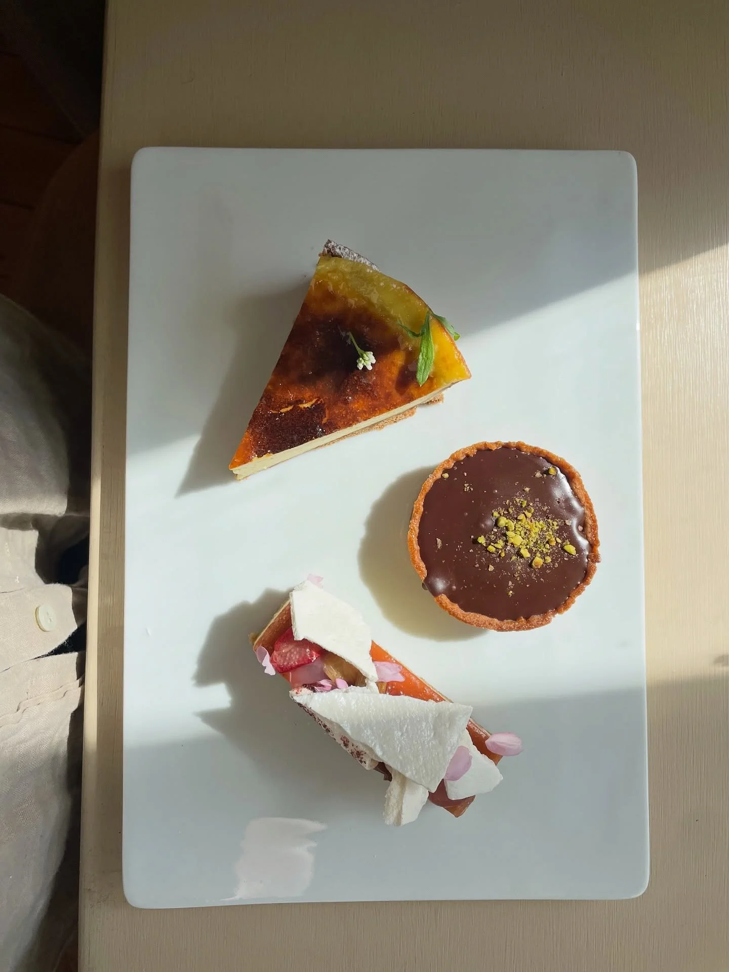 This week&rsquo;s offerings (amongst other bakes)
Flan with woodruff
Cherry Blossom - Garden Rhubarb Cheesecake 
Chocolate - Pistachio Tart

#shutishuti #yorkfood #coffeeandcake #seasonalandlocal #patisserie