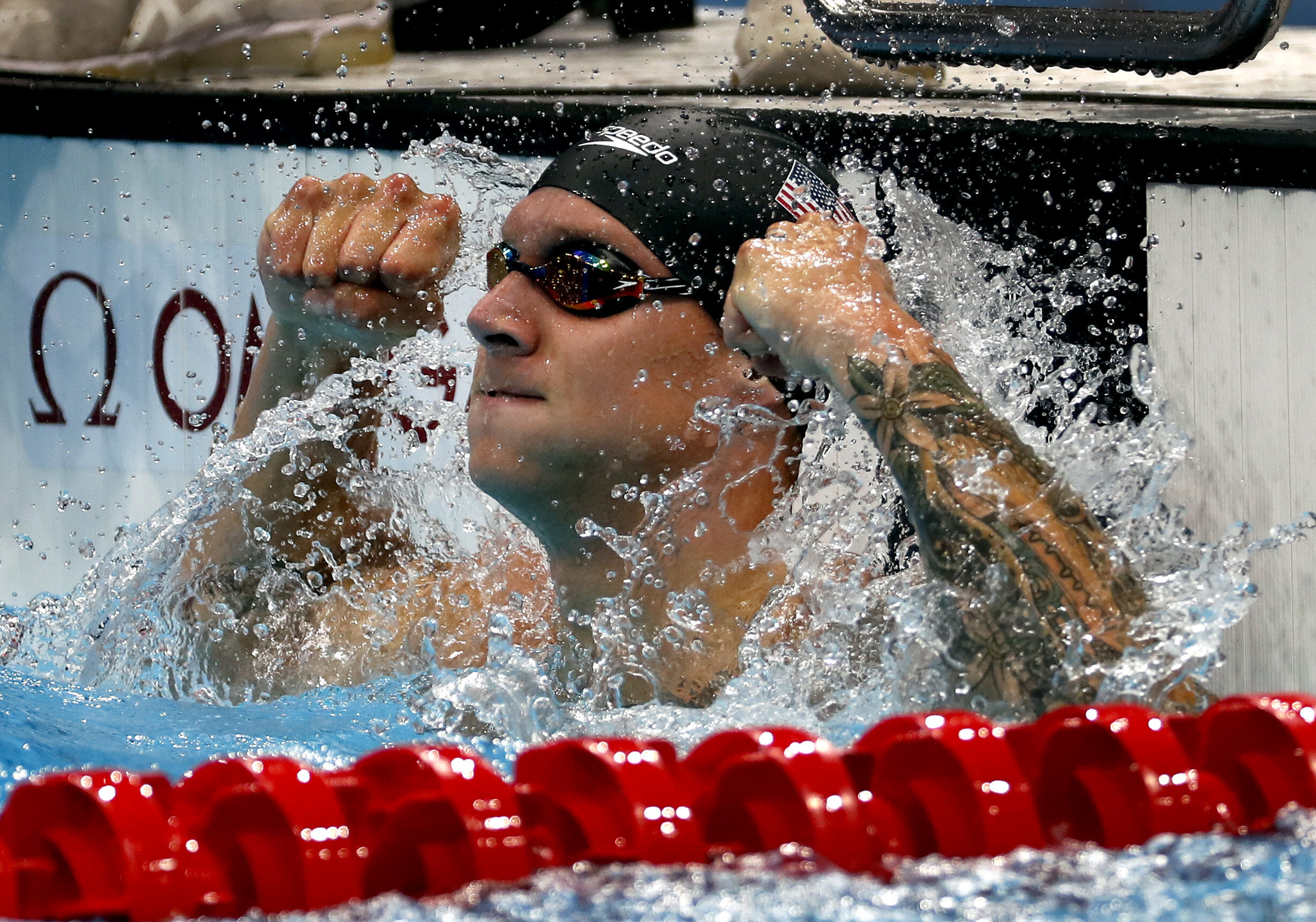  U.S. swimmer Caeleb Dressel celebrates after winning the Men’s 50-meter freestyle at the 2020 Tokyo Olympics. 